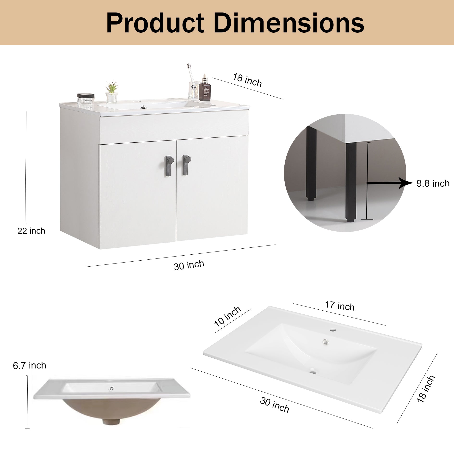 30" Bathroom Vanity With Metal Leg,With White Ceramic Basin,Two Soft Close Cabinet Doors, Solid Wood,Excluding Faucets,White White Solid Wood