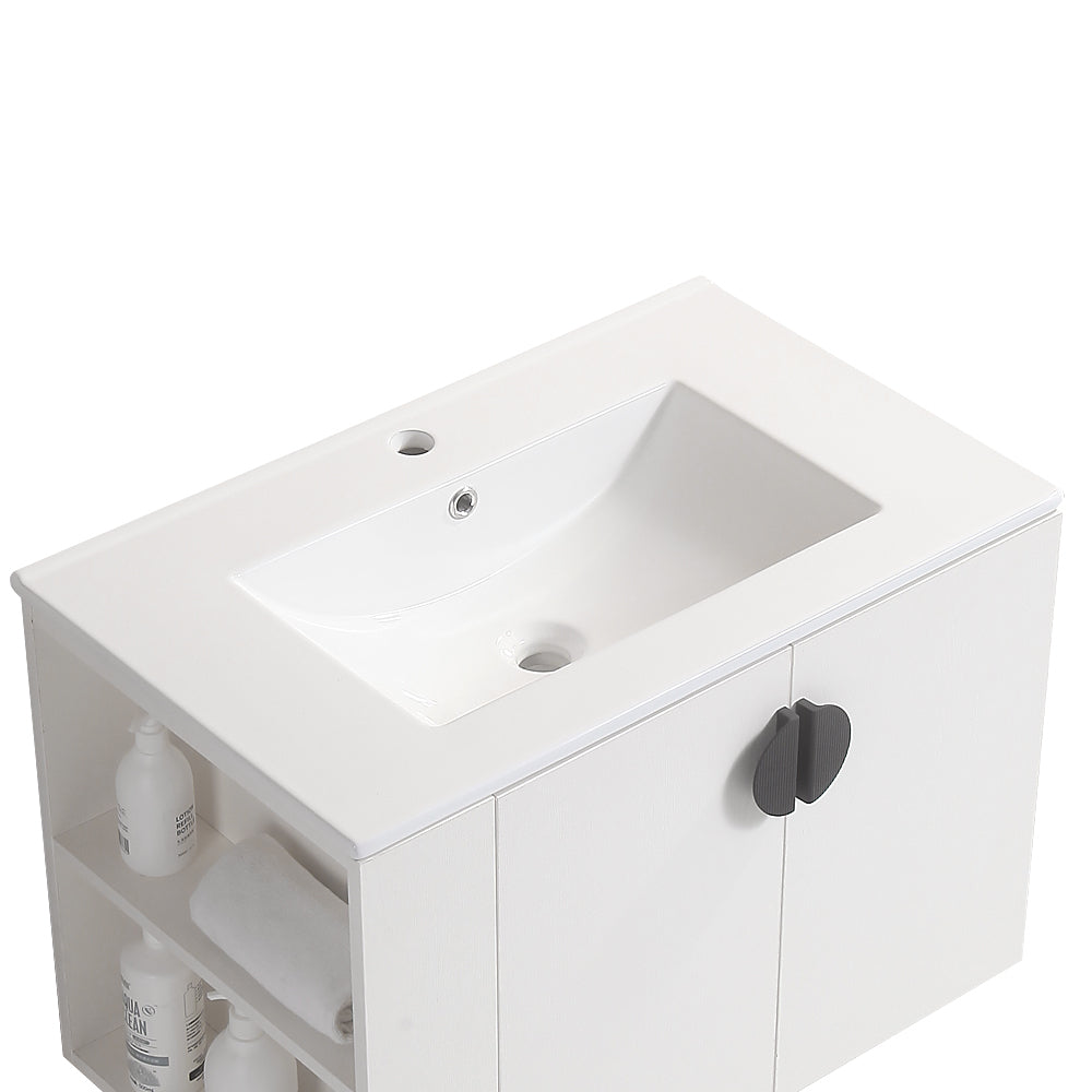 30" Bathroom Vanity With Sink,With Two Doors Cabinet Bathroom Vanity Set With Side Left Open Storage Shelf,Solid Wood,Excluding Faucets,White White Solid Wood