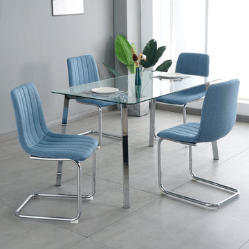 Dining Furniture 63" Table With Four Chairs,0.3" Clear Tempered Glass With Chrome Metal Legs,Fabric Chair With Chrome Metal Legs. Upholstered Chair Glass Dark Blue Metal Rectangular Dining Table