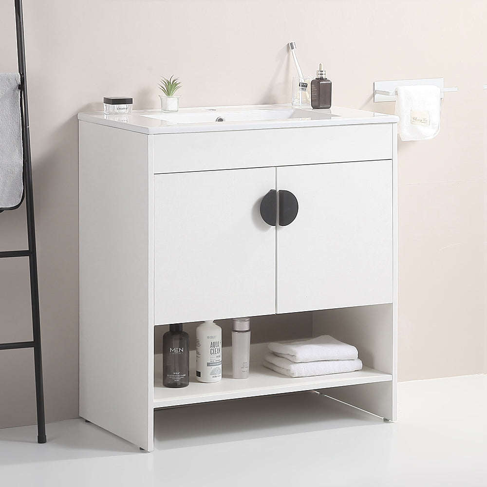 30" Bathroom Vanity,with White Ceramic Basin,Two white-solid wood
