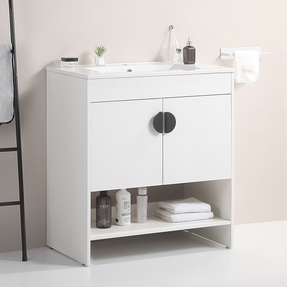 30" Bathroom Vanity,With White Ceramic Basin,Two Cabinet Doors With Black Zinc Alloy Handles,Solid Wood,Excluding Faucets,White White Solid Wood