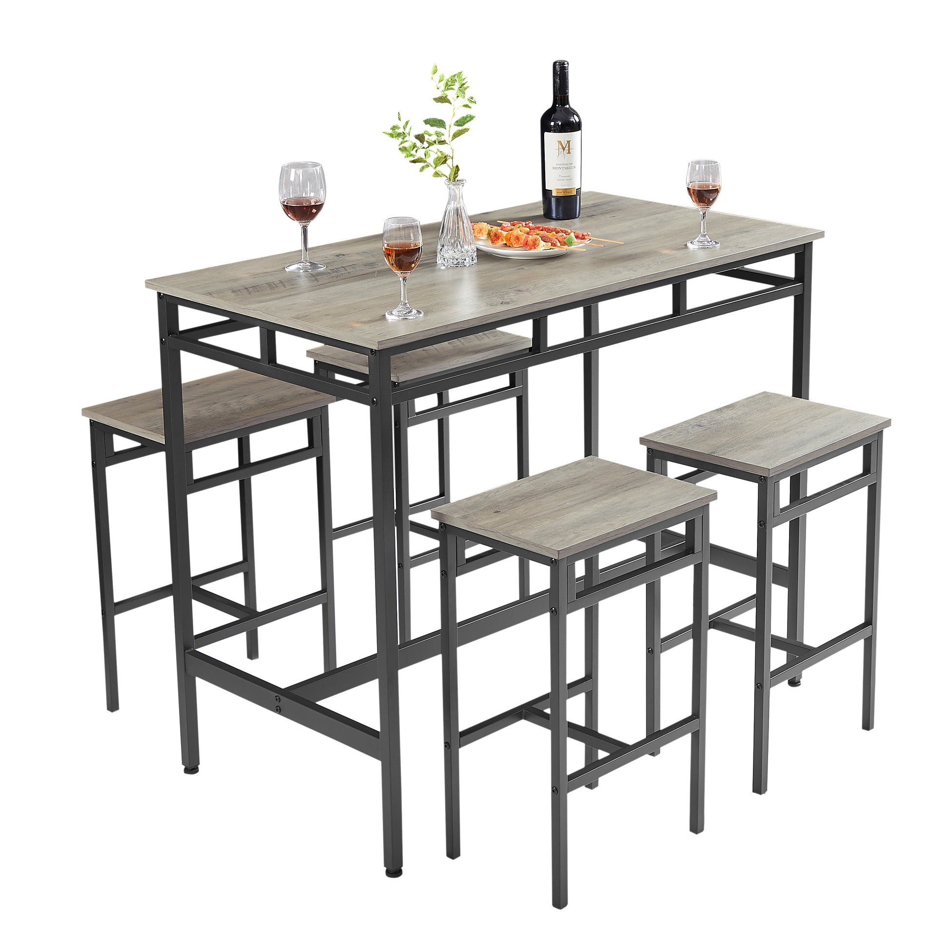 Bar Table Set 5Pc Dinging Table Set With High Stools, Structural Strengthening, Industrial Style. Grey, 43.31'' L X 23.62'' W X 35.43'' H. Grey Particle Board