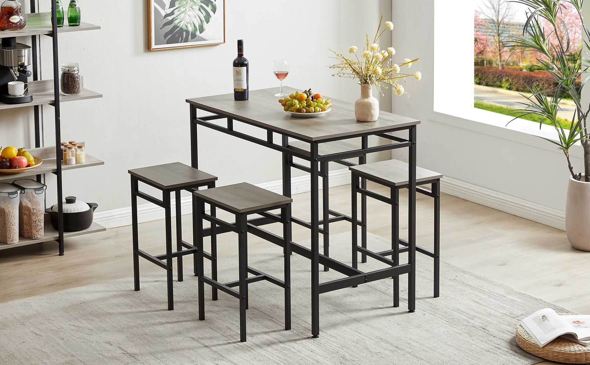 Bar Table Set 5Pc Dinging Table Set With High Stools, Structural Strengthening, Industrial Style. Grey, 43.31'' L X 23.62'' W X 35.43'' H. Grey Particle Board