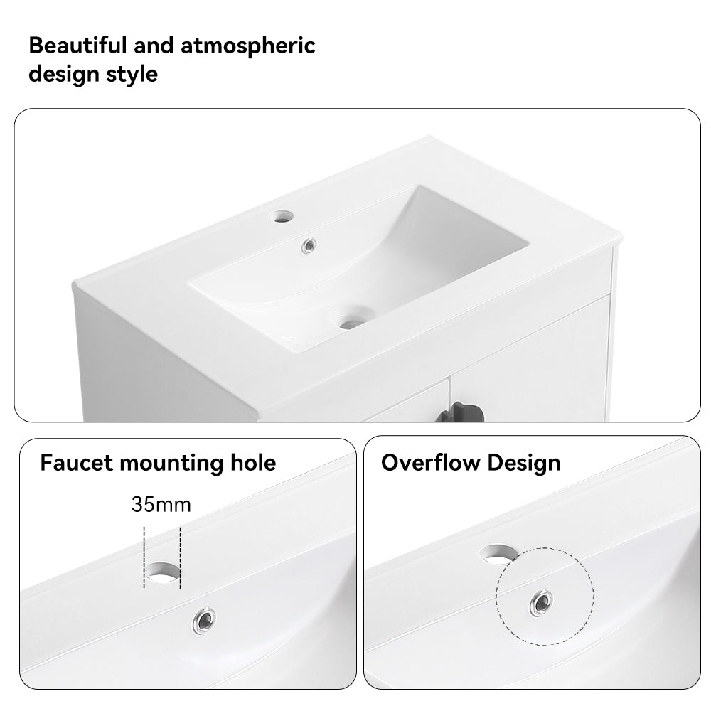 24" Bathroom Vanity,With White Ceramic Basin,Two Cabinet Doors With Black Zinc Alloy Handles,Solid Wood,Excluding Faucets,White White Solid Wood