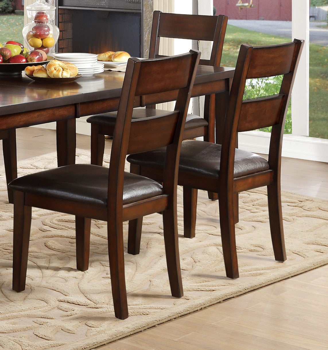 Cherry Finish Classic 7Pc Dining Set Wooden Table Draw Leaf And 6 Side Chairs Faux Leather Upholstered Durable Furniture Transitional Style Ladder Back Wood Wood Cherry Ladder Back Seats 6 Wood Dining Room Extendable Classic,Transitional 4 Leg