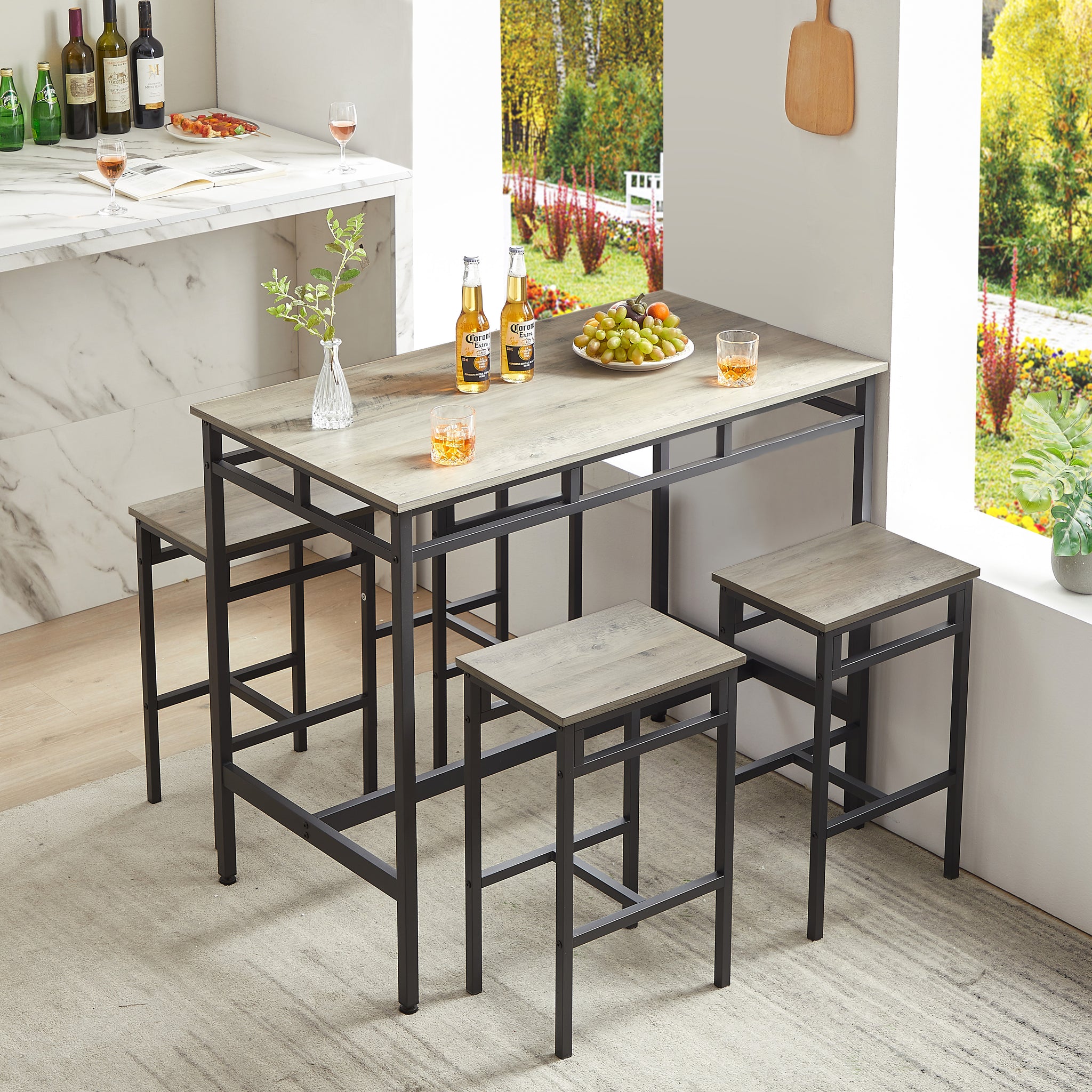 Bar Table Set 5Pc Dinging Table Set With High Stools, Structural Strengthening, Industrial Style. Grey, 43.31'' L X 23.62'' W X 35.43'' H. Grey Particle Board