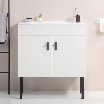 30" Bathroom Vanity with Metal Leg,with White Ceramic white-solid wood