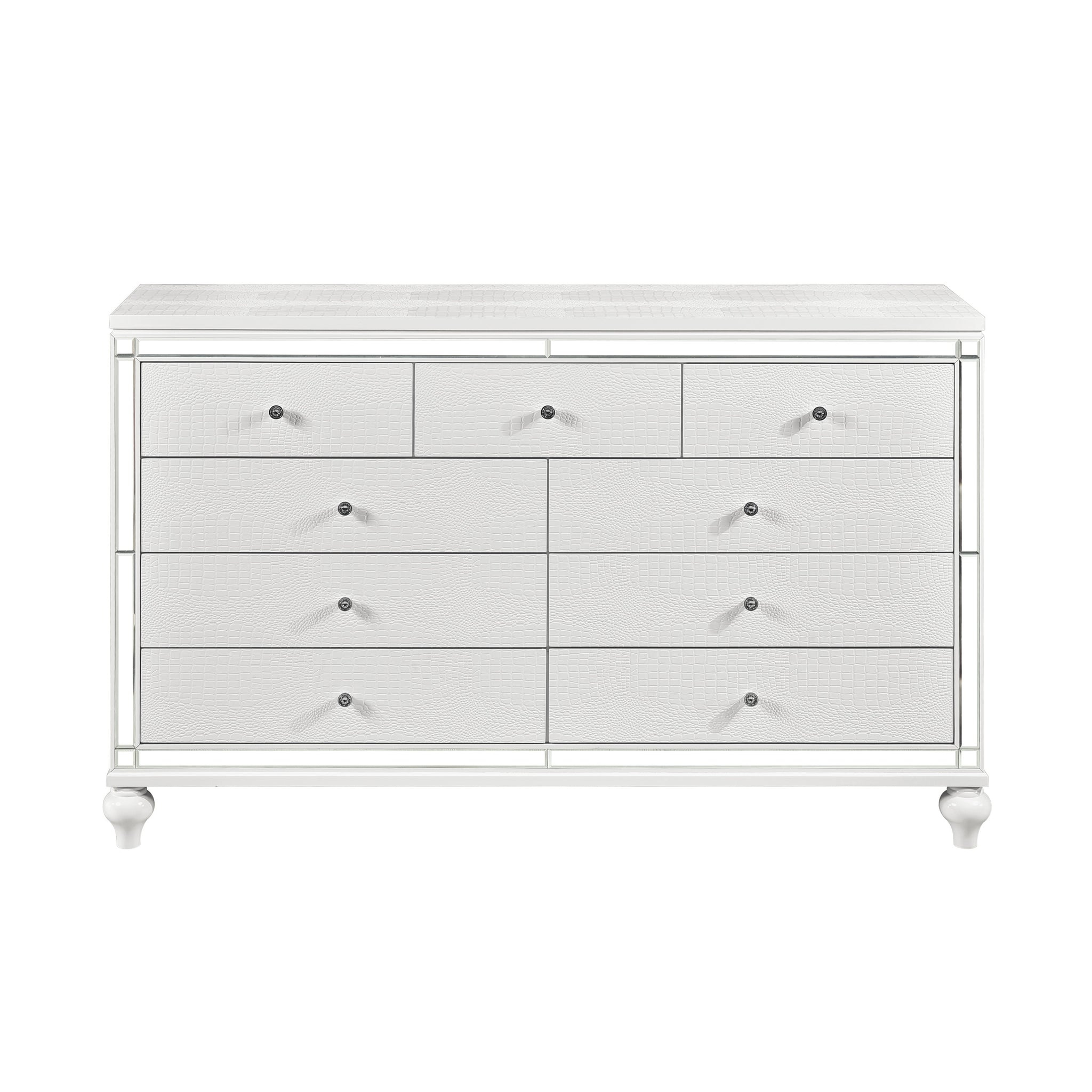 Glamorous Metallic White Finish Dresser Of 9X Drawers Faux Crystal Knobs Modern Bedroom Furniture White Dining Room Glam,Modern Wood