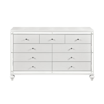 Glamorous Metallic White Finish Dresser Of 9X Drawers Faux Crystal Knobs Modern Bedroom Furniture White Dining Room Glam,Modern Wood