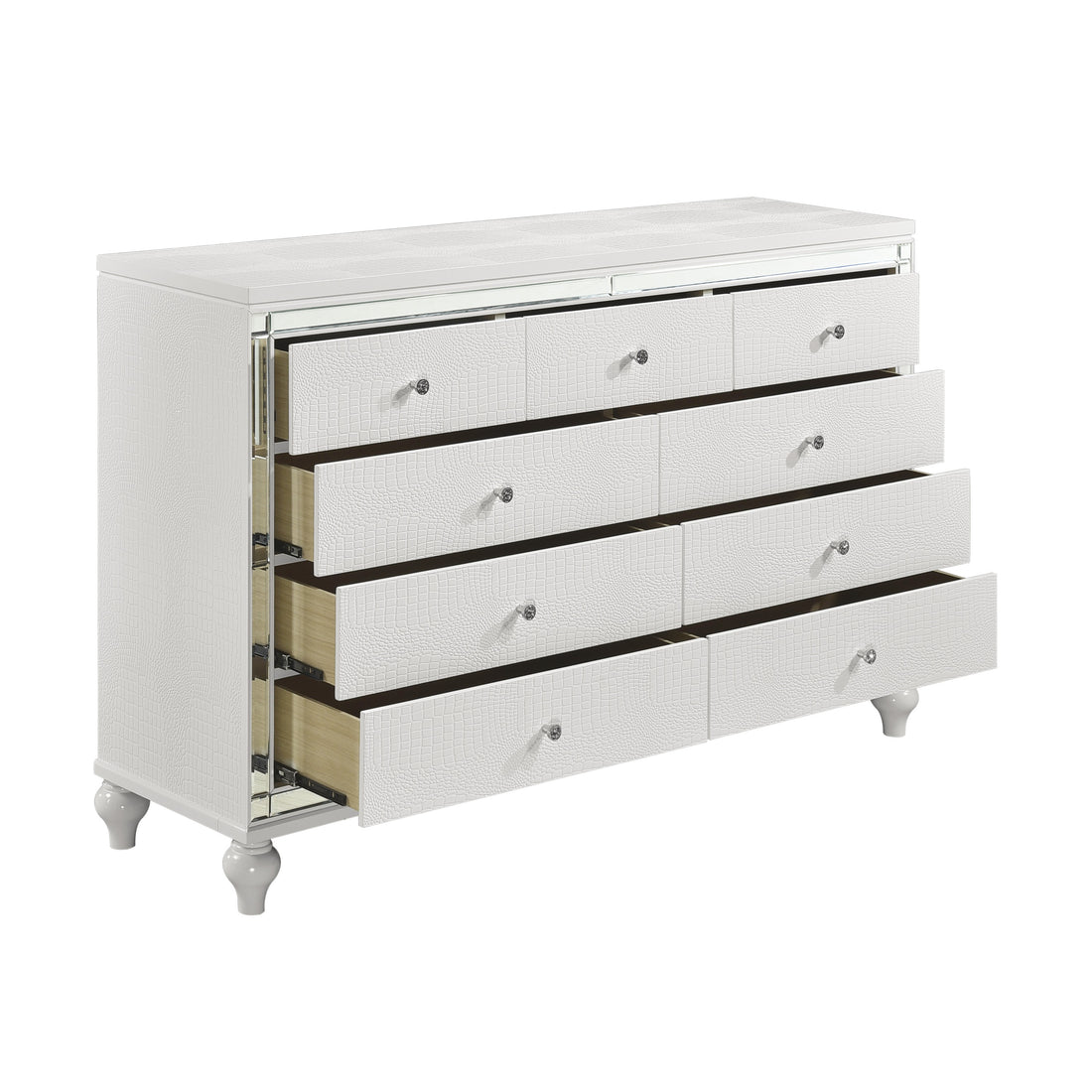 Glamorous Metallic White Finish Dresser Of 9X Drawers Faux Crystal Knobs Modern Bedroom Furniture White Dining Room Glam,Modern Wood