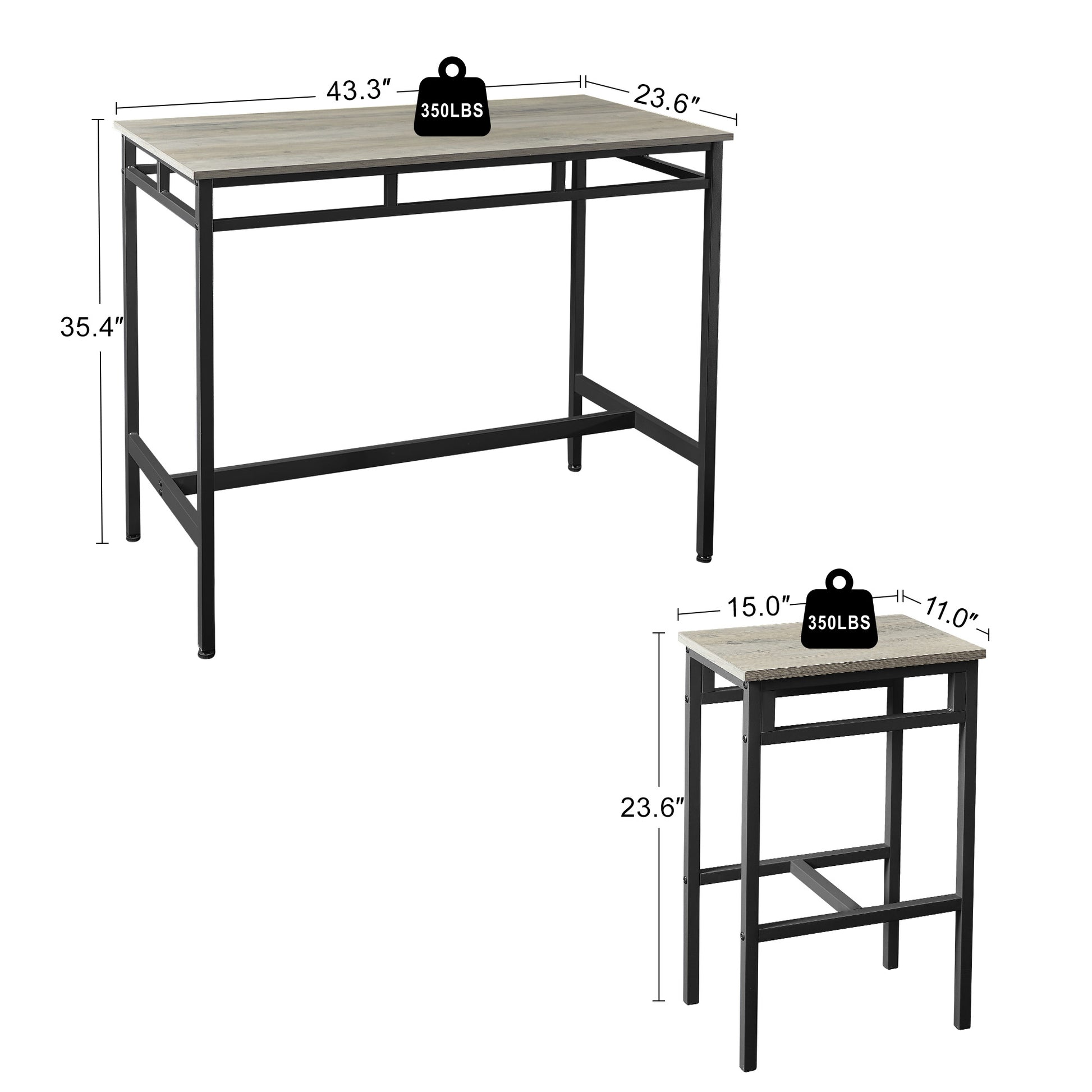 Bar Table Set 5Pc Dinging Table Set With High Stools, Structural Strengthening, Industrial Style. Grey, 43.31'' L X 23.62'' W X 35.43'' H. Grey Particle Board