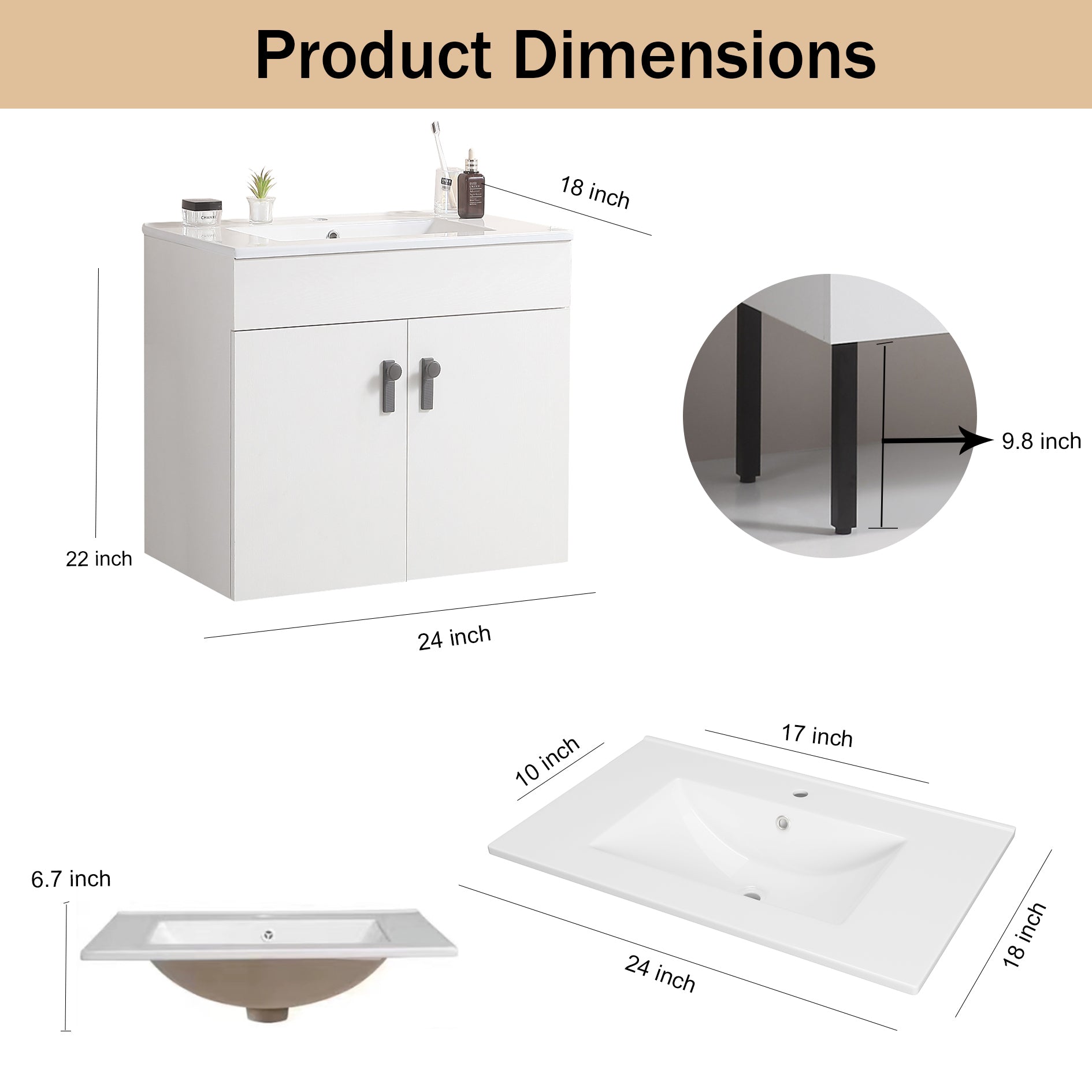 24" Bathroom Vanity With Metal Leg,With White Ceramic Basin,Two Soft Close Cabinet Doors, Solid Wood,Excluding Faucets,White White Solid Wood