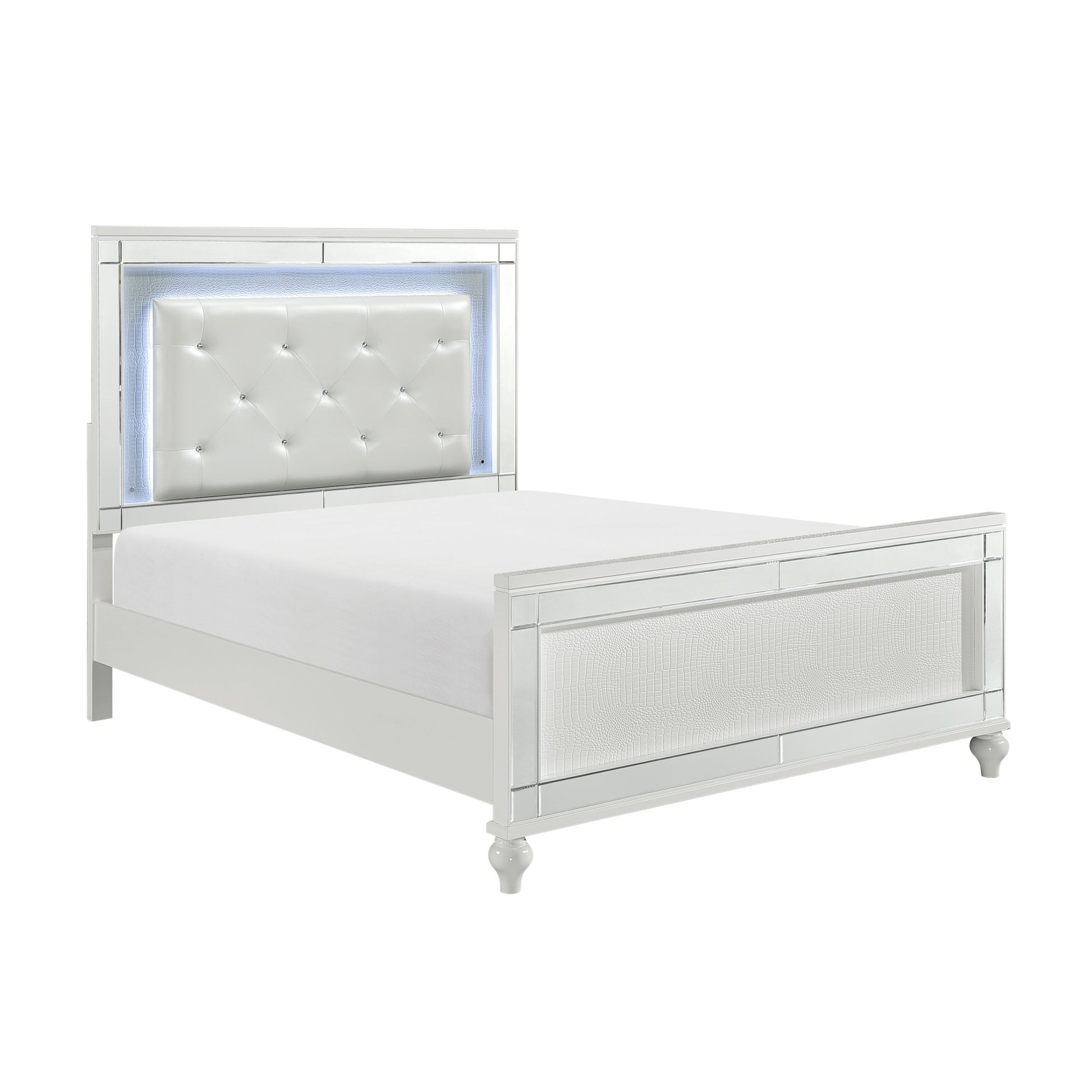 Metallic White Finish Queen Bed Led Headboard Button Tufted Modern Glam Bedroom Furniture Box Spring Required Queen White Wood Bedroom Glam,Modern Faux Leather Wood