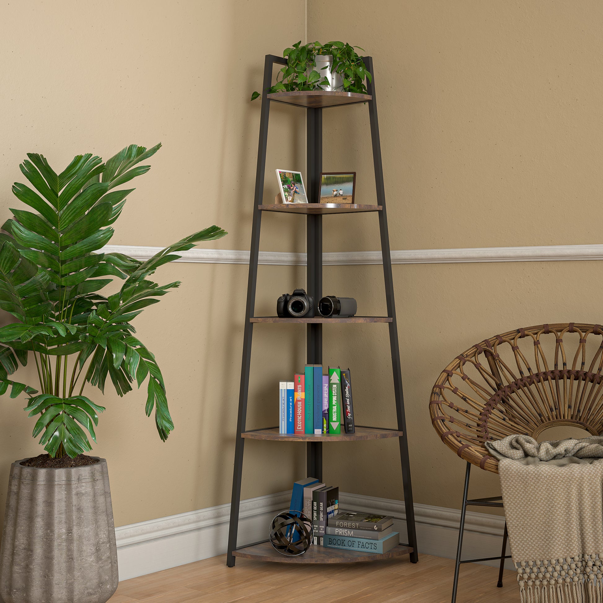 Corner Shelf, 5 Tier Corner Bookshelf, 70" Tall Display Organizer Storage Stand, Multipurpose Shelving Unit Ladder Shelf For Living Room, Home Office, Small Space, Rustic Brown Brown Mdf Steel