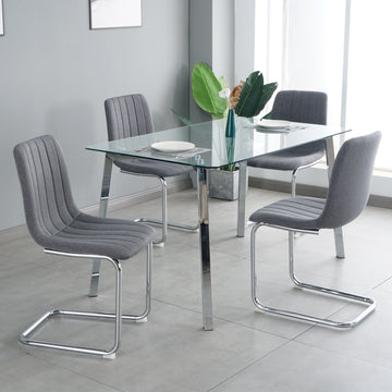 63 " Table And Chair Set, One Table And Four Chairs. Clear Tempered Glass Table Top, 0.3" Thick, Silver Metal Legs. Fabric Chair With Electroplated Metal Legs. Upholstered Chair Glass Dark Gray