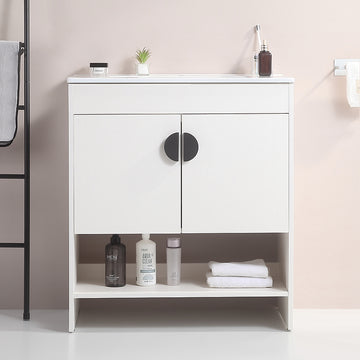 30" Bathroom Vanity,With White Ceramic Basin,Two Cabinet Doors With Black Zinc Alloy Handles,Solid Wood,Excluding Faucets,White White Solid Wood