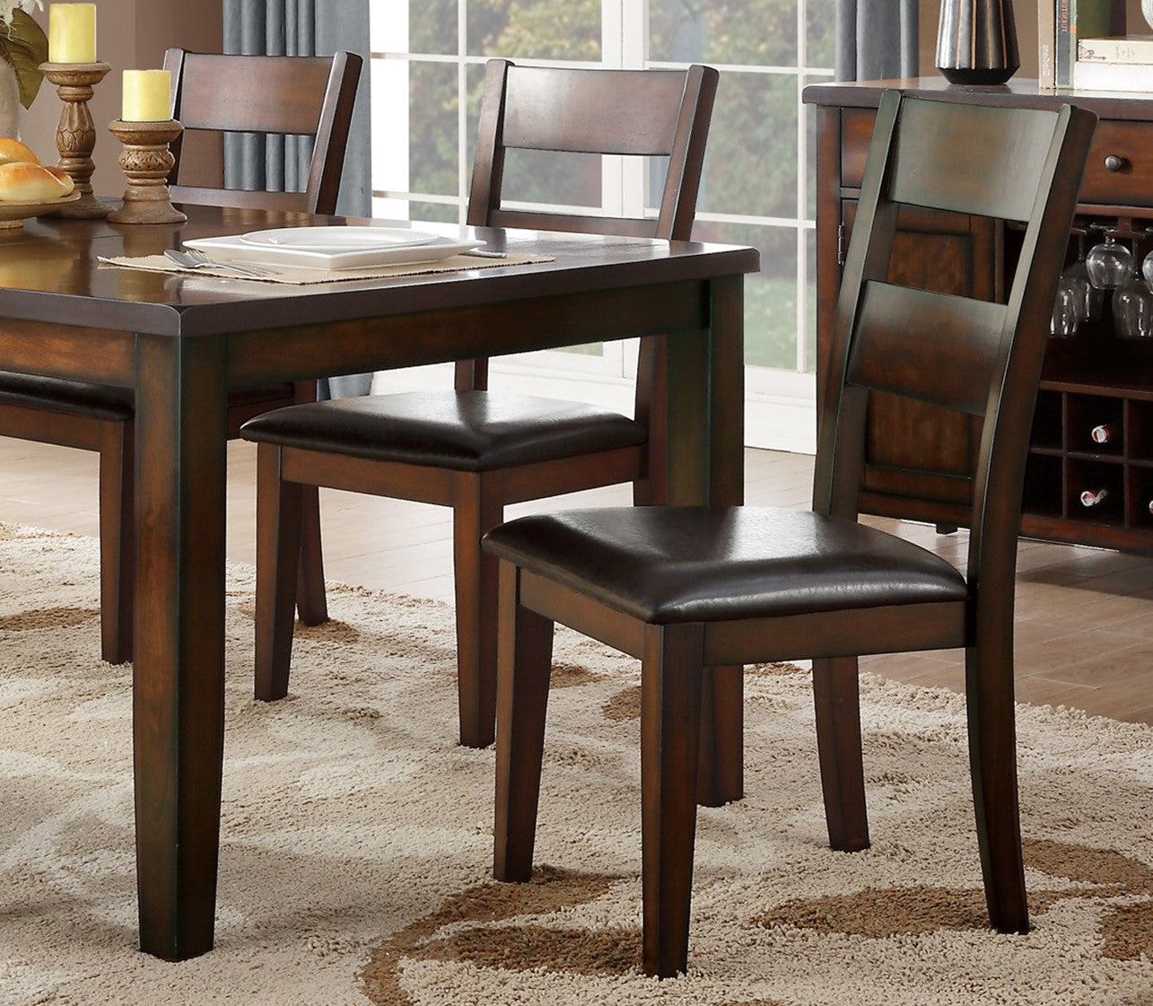 Cherry Finish Classic 6Pc Dining Set Wooden Table W Draw Leaf Bench And 4 Side Chairs Faux Leather Upholstered Durable Furniture Transitional Style Ladder Back Wood Wood Cherry Ladder Back Seats 6 Wood Dining Room Extendable Classic,Transitional 4 Leg