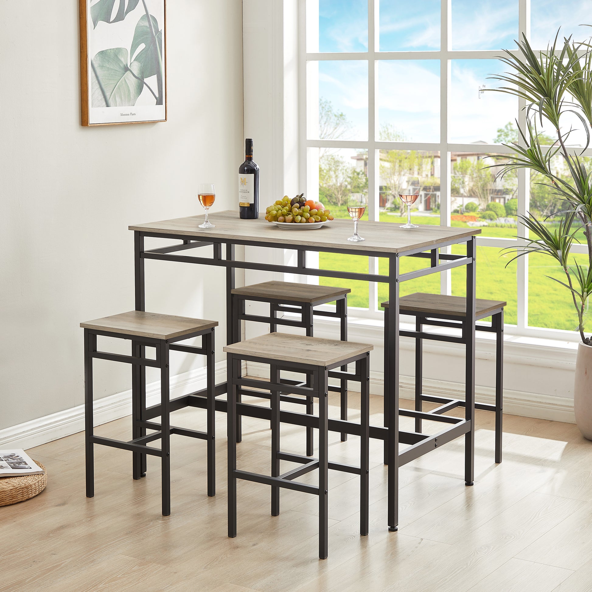 Bar Table Set 5Pc Dinging Table Set With High Stools, Structural Strengthening, Industrial Style. Grey, 43.31'' L X 23.62'' W X 35.43'' H. Grey Particle Board