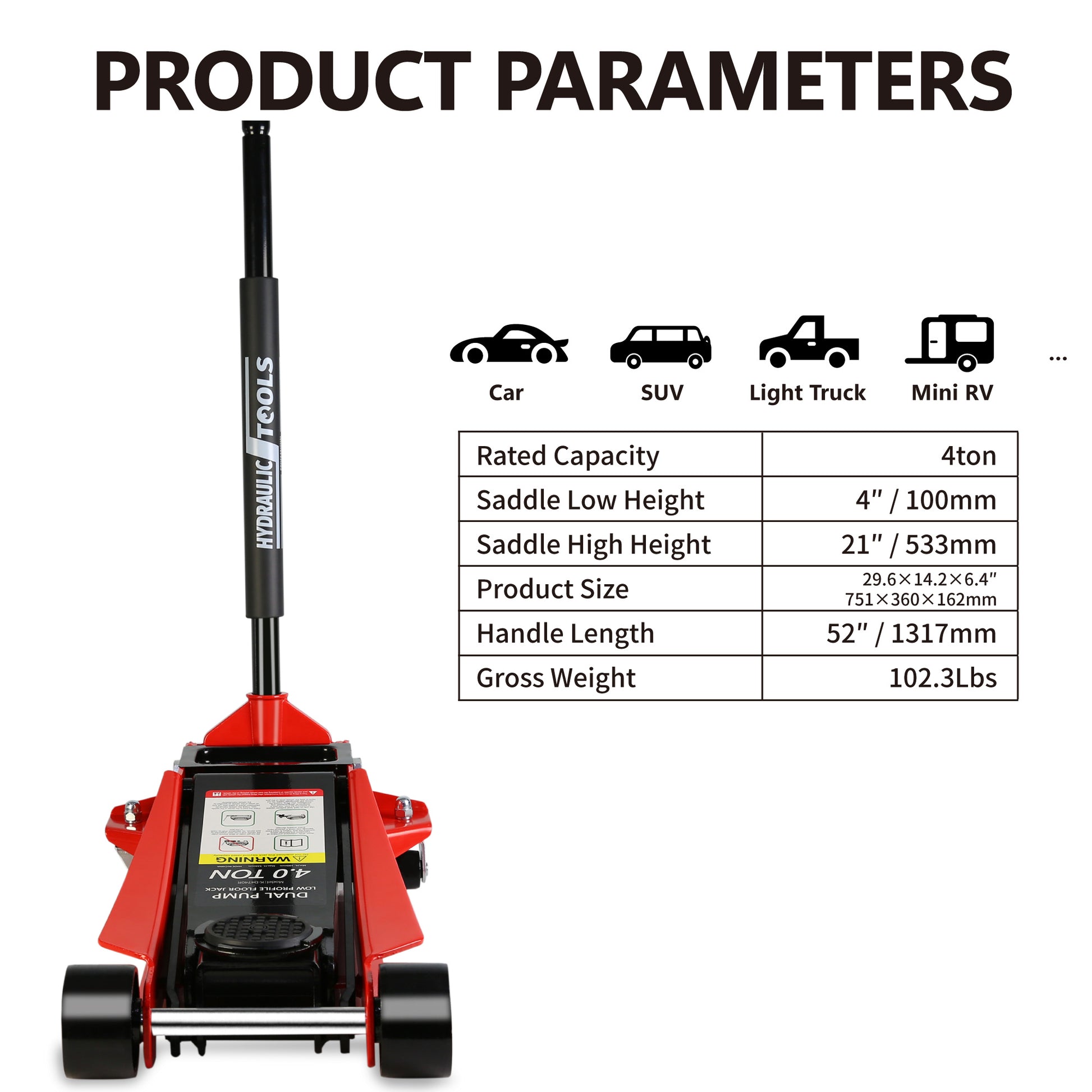 Floor Jack, 4 Ton Low Profile Floor Jack, Heavy Duty black+red-steel