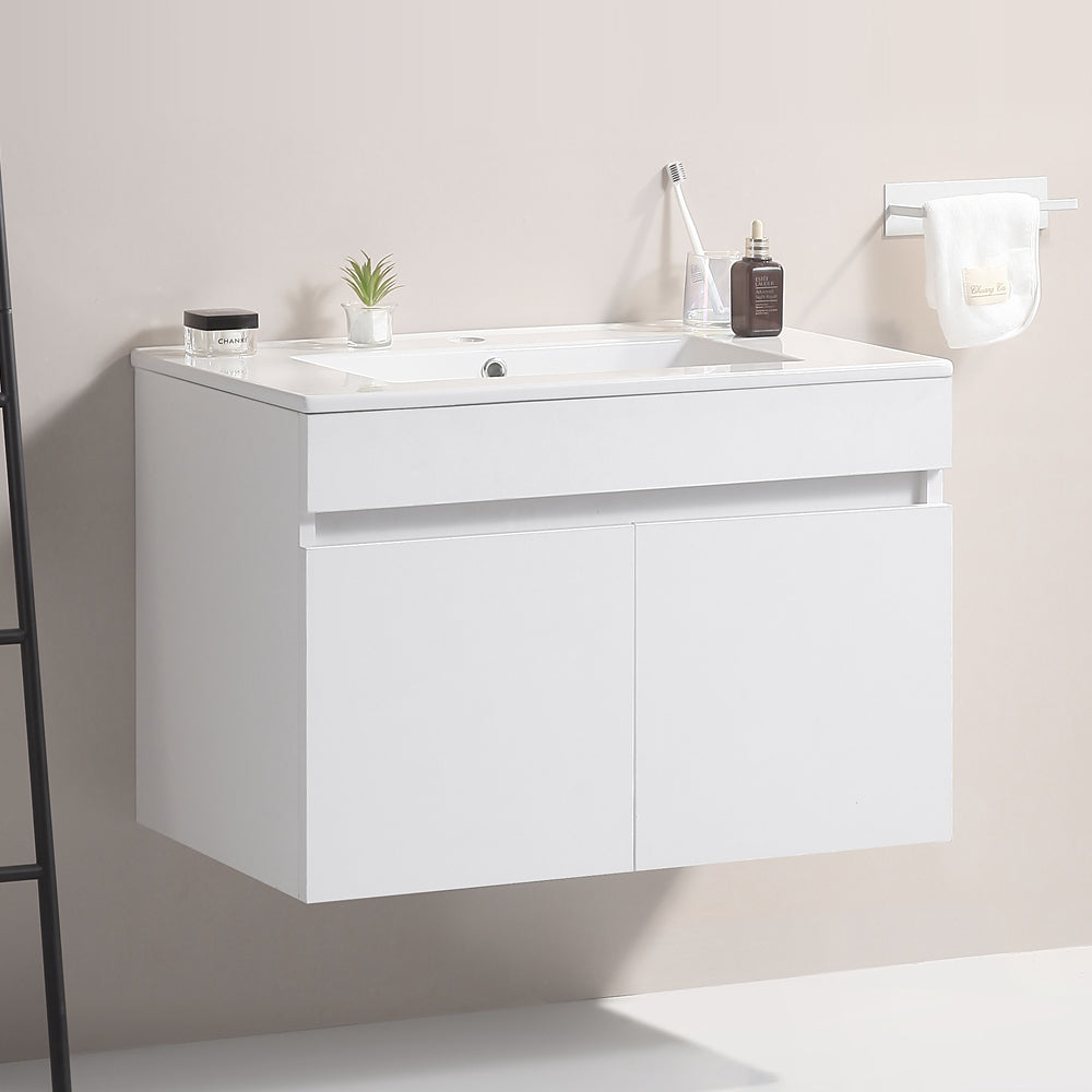 36' Wall Mounted Bathroom Vanity With White Ceramic Basin,Two Soft Close Cabinet Doors, Solid Wood,Excluding Faucets,White White Solid Wood