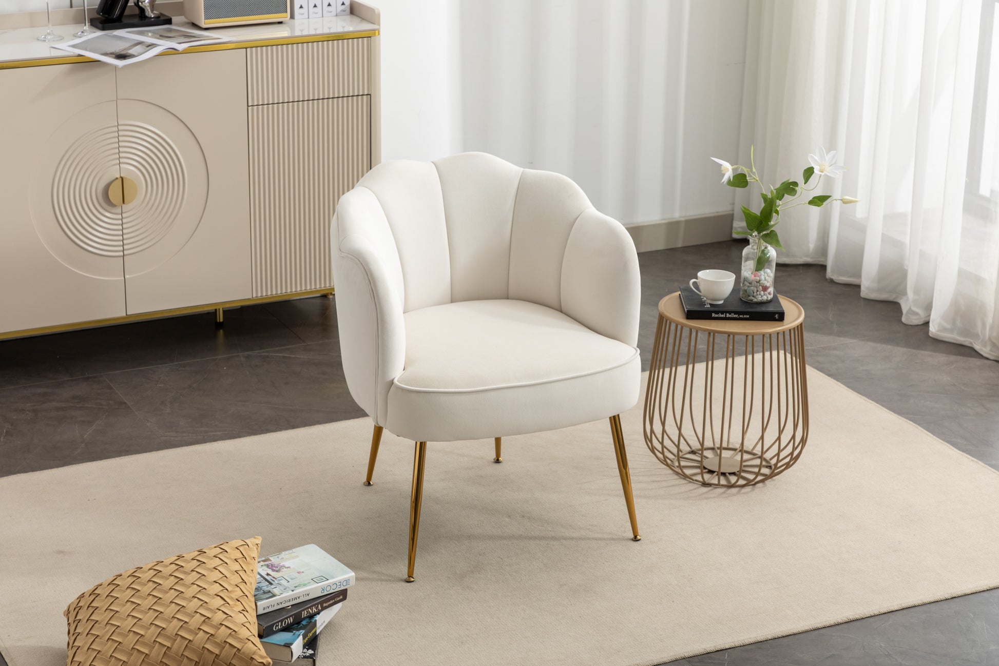 Shell Shape Velvet Fabric Armchair Accent Chair With Gold Legs For Living Room Bedroom,Ivory Ivory Foam Velvet