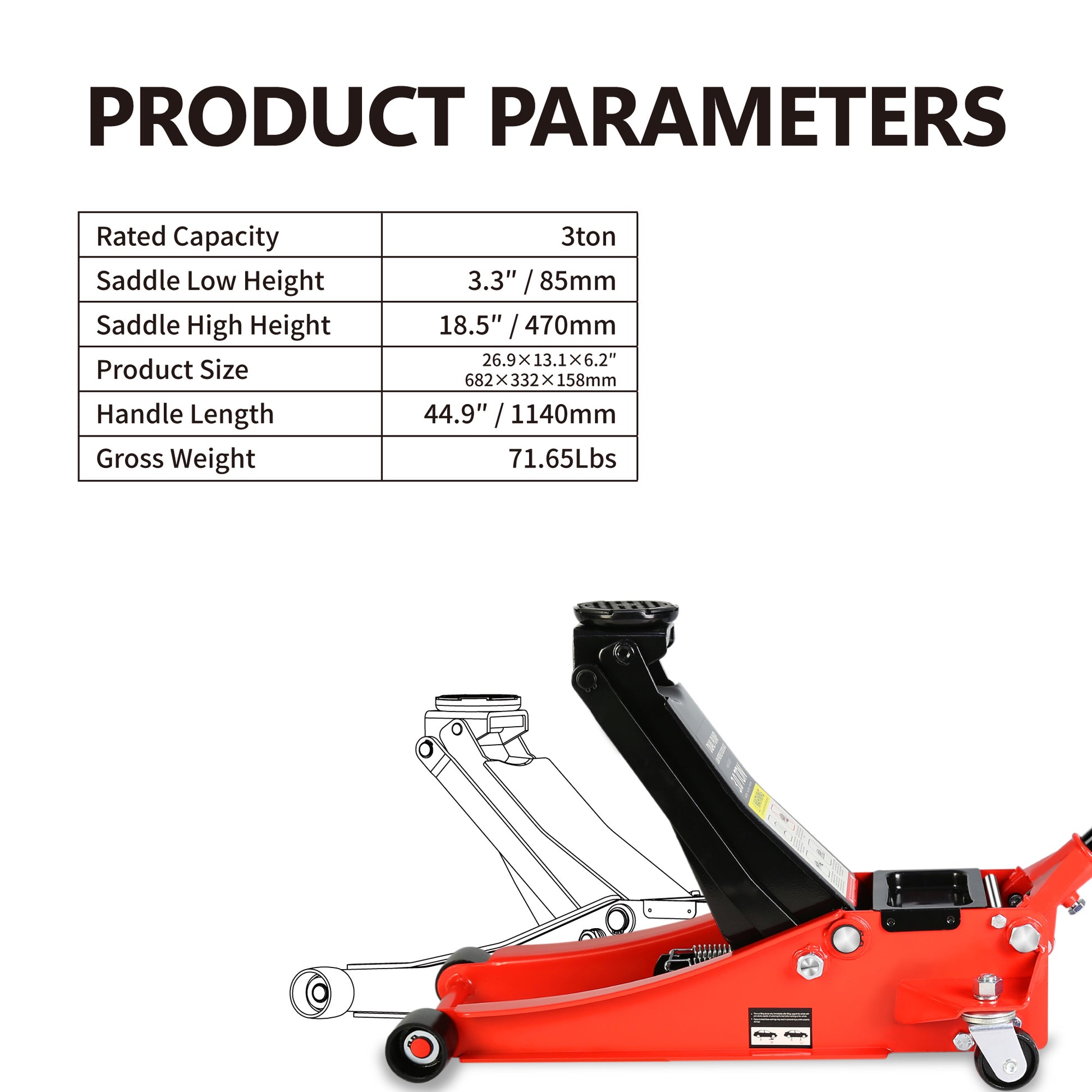 Hydraulic Low Profile and Steel Racing Floor Jack with black+red-steel