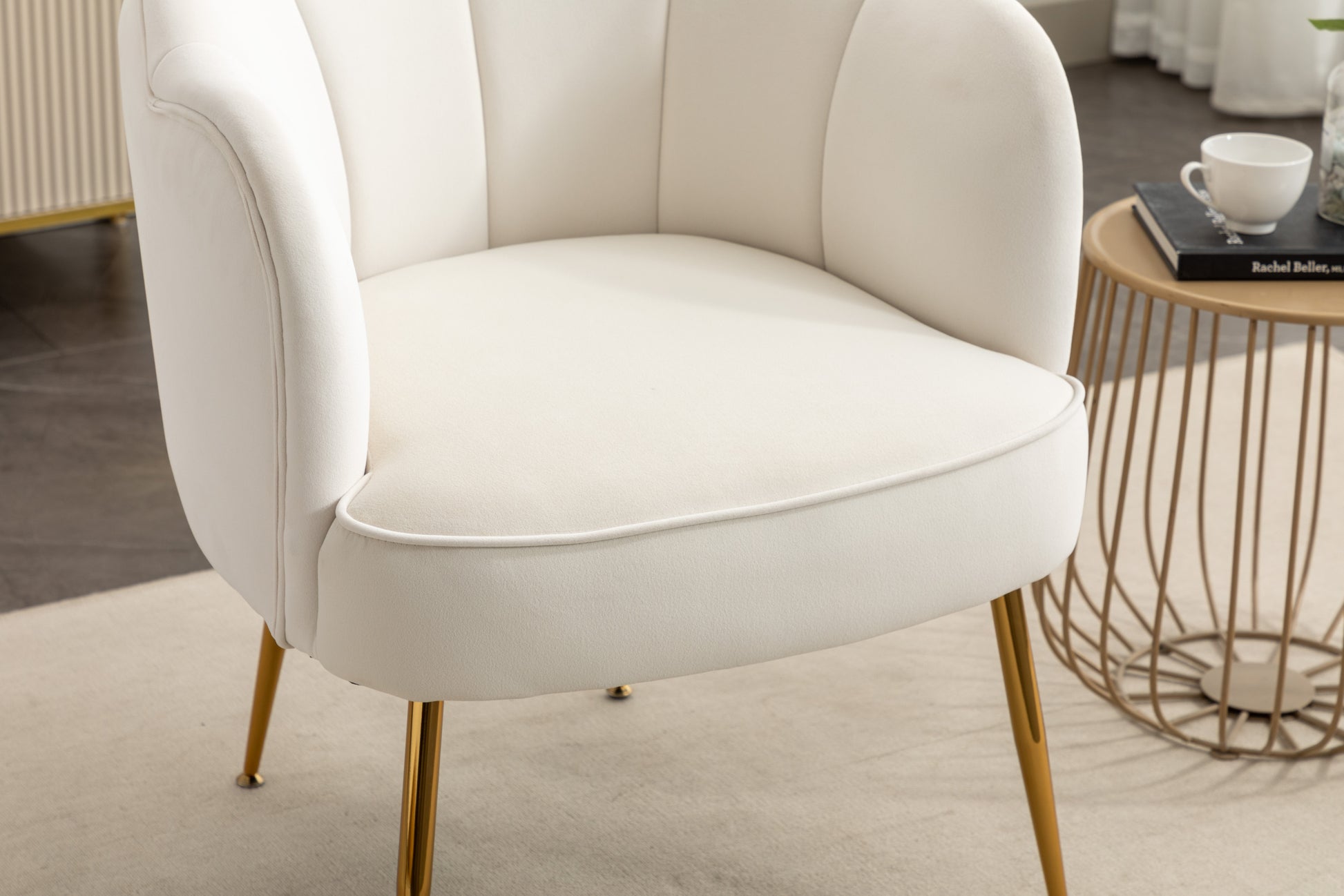 Shell Shape Velvet Fabric Armchair Accent Chair With Gold Legs For Living Room Bedroom,Ivory Ivory Foam Velvet