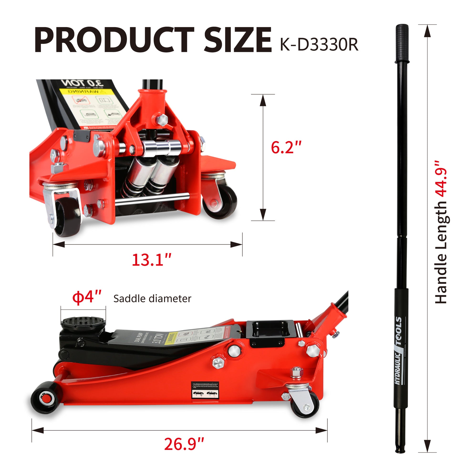 Hydraulic Low Profile And Steel Racing Floor Jack With Dual Piston Quick Lift Pump,3 Ton 6600 Lb Capacity, Lifting Range 3.3" 18.5" Black Red Steel