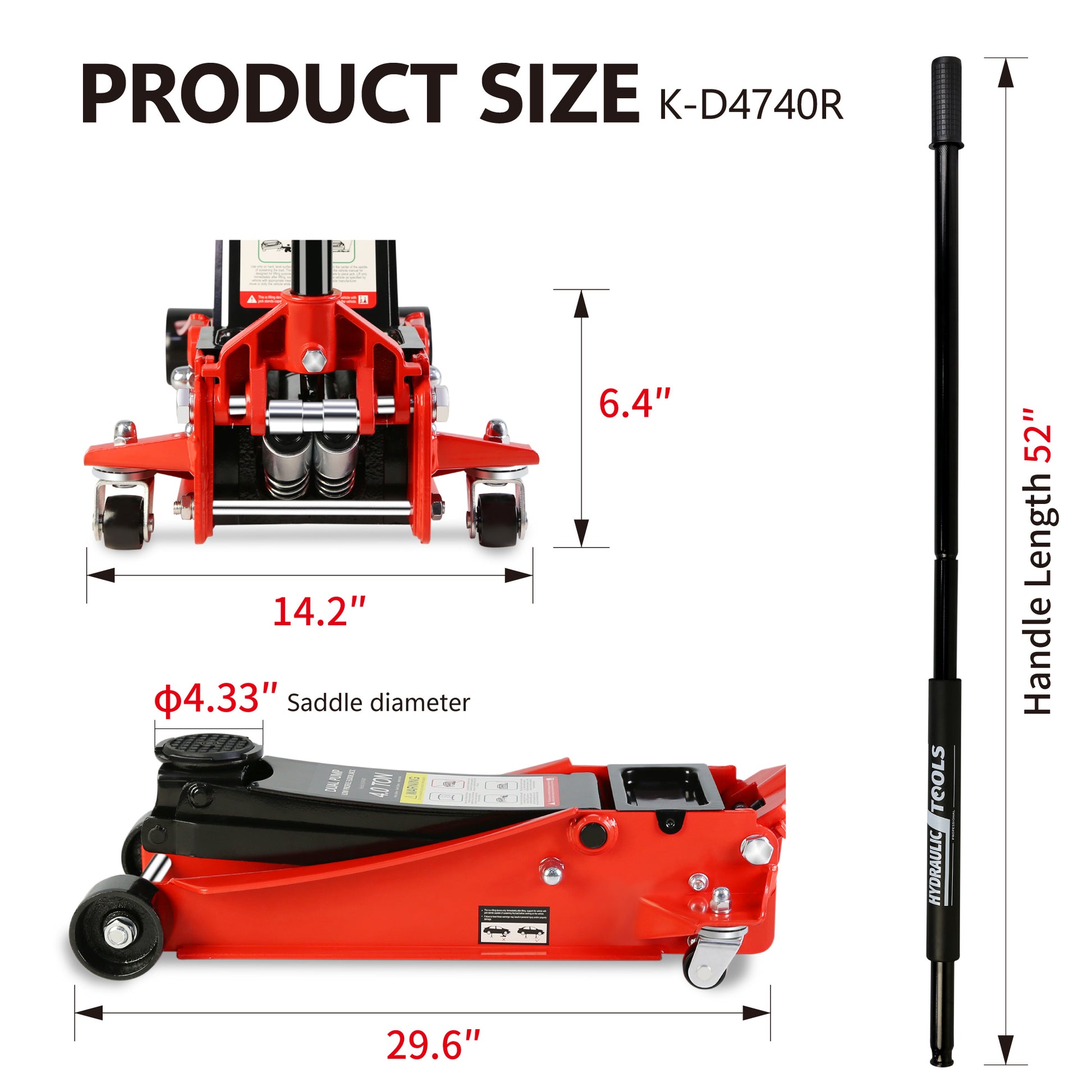 Floor Jack, 4 Ton Low Profile Floor Jack, Heavy Duty black+red-steel