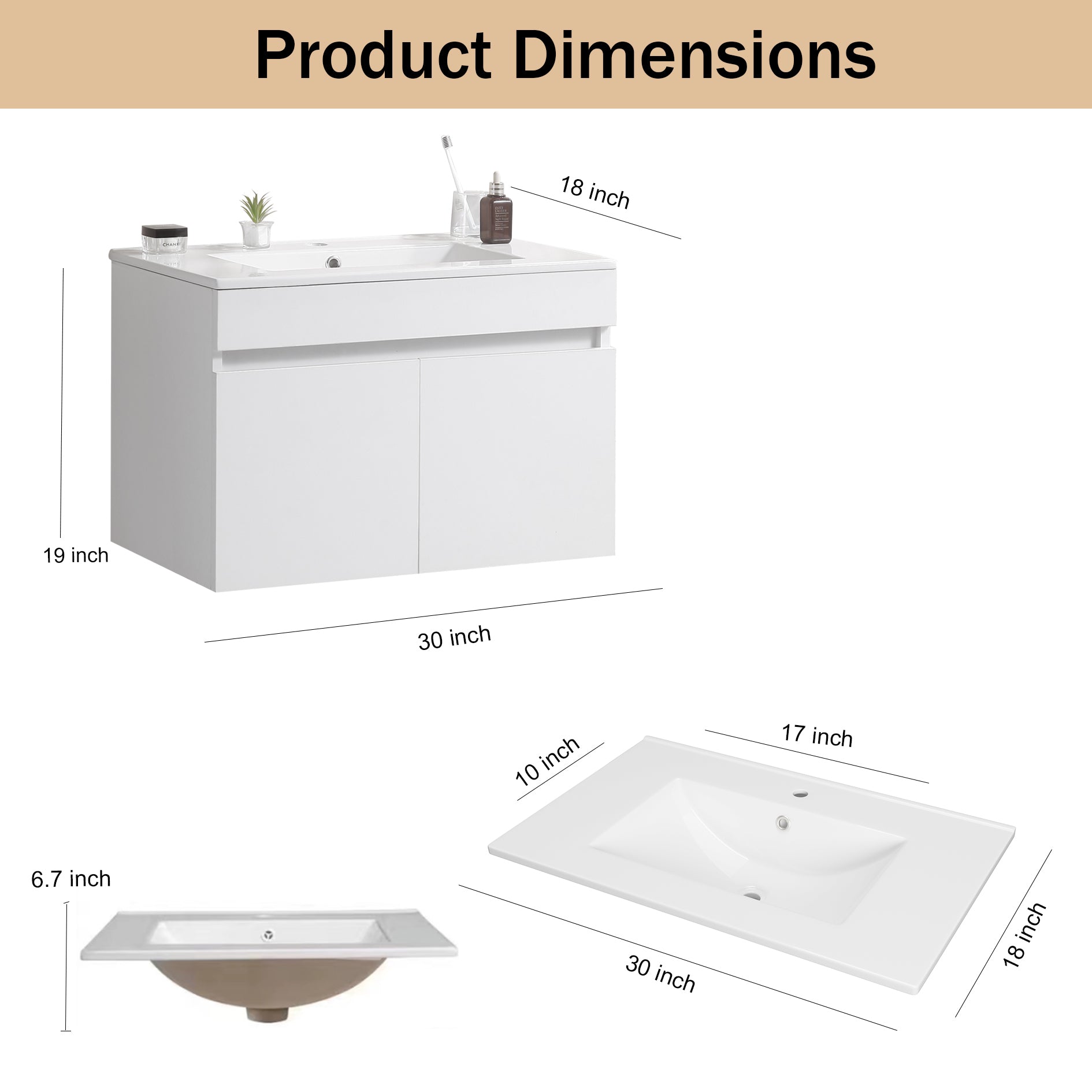 30 Inch Wall Mounted Bathroom Vanity With White Ceramic Basin,Two Soft Close Cabinet Doors, Solid Wood,Excluding Faucets,White White Solid Wood