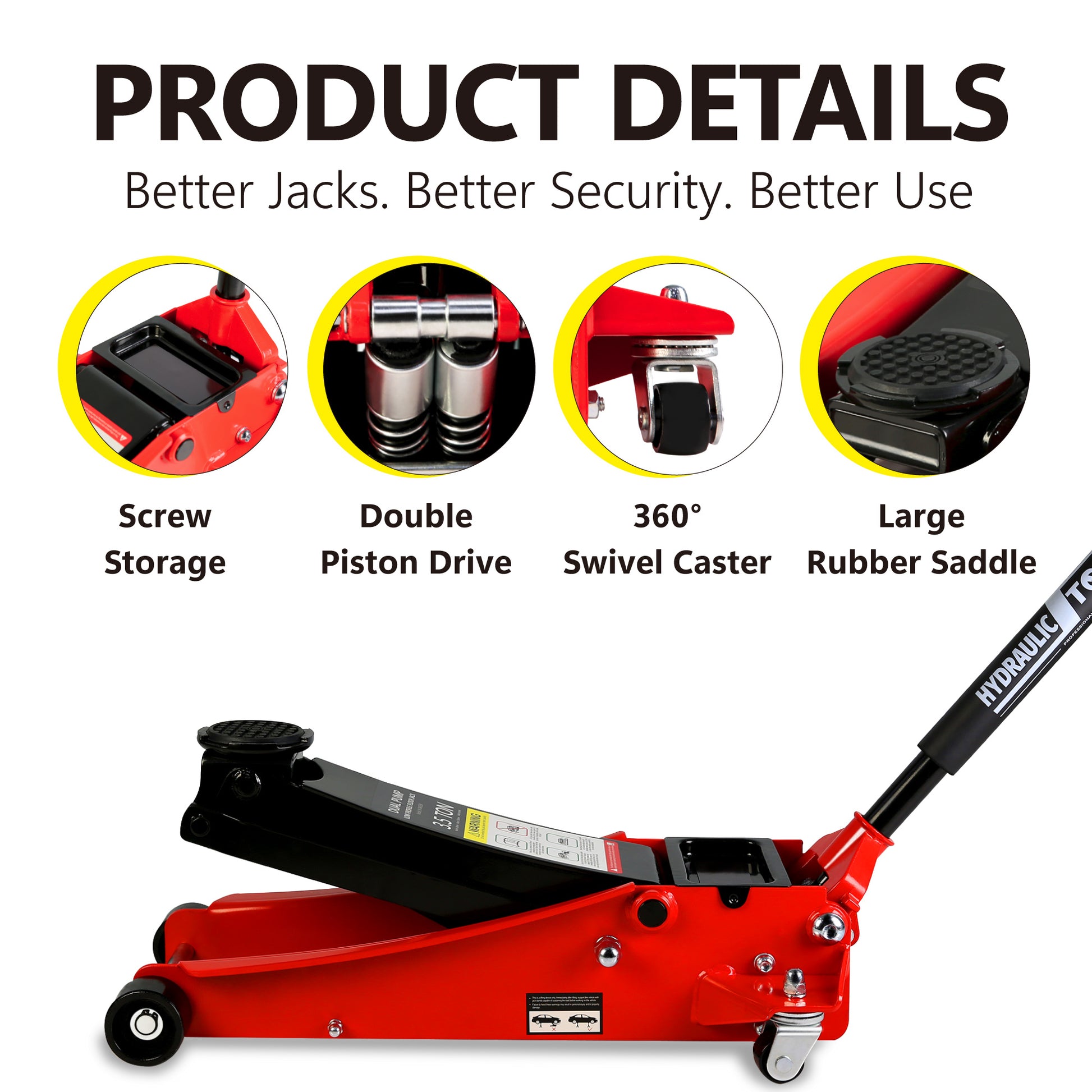 Floor Jack, 3.5 Ton Low Profile Floor Jack, Heavy Duty black+red-steel