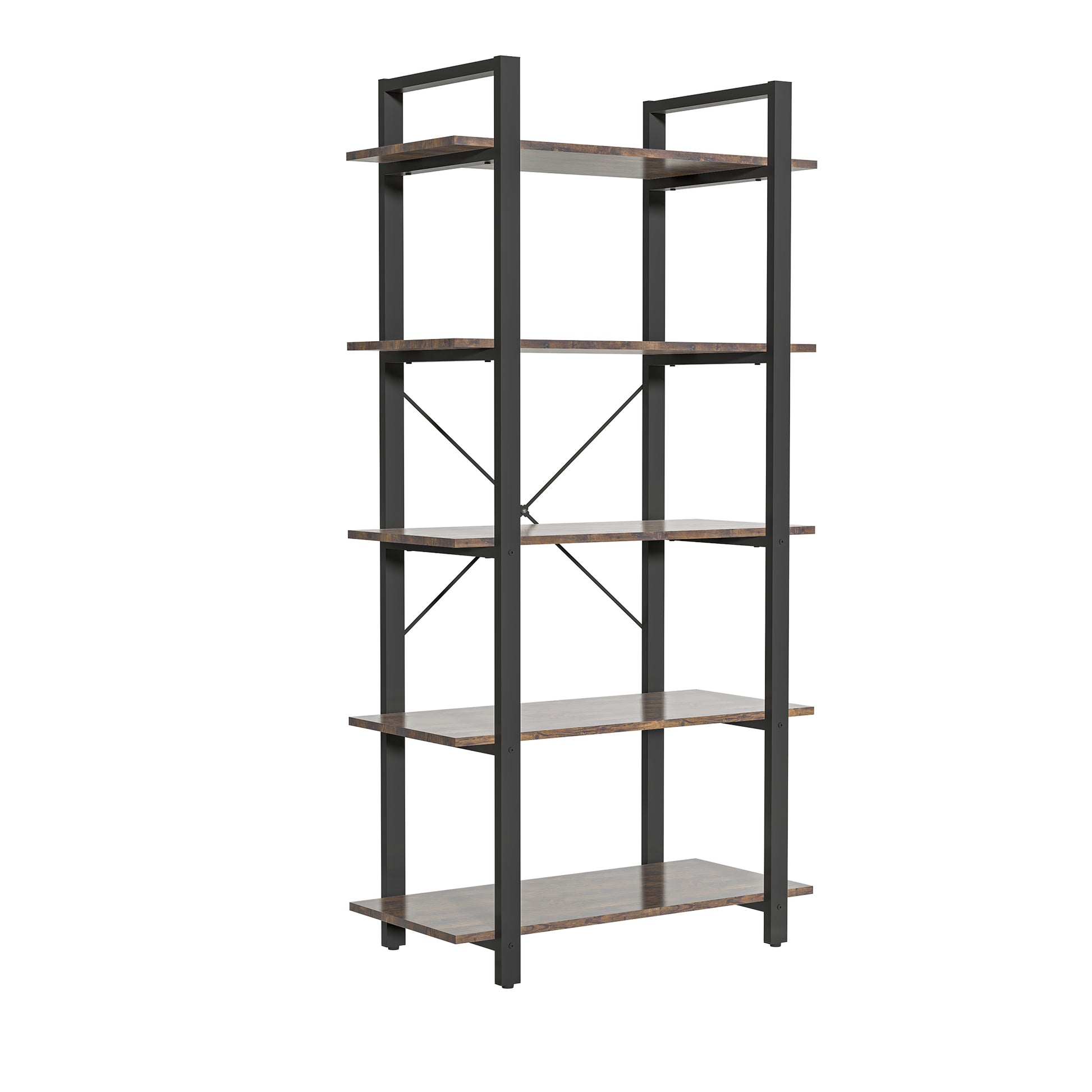 5 Shelf Vintage Industrial Rustic Bookshelf, 5 Tier Wood And Metal Bookcase, Open Etagere Book Shelf, Farmhouse Wooden Bookshelves, Vintage Brown Brown Mdf Steel