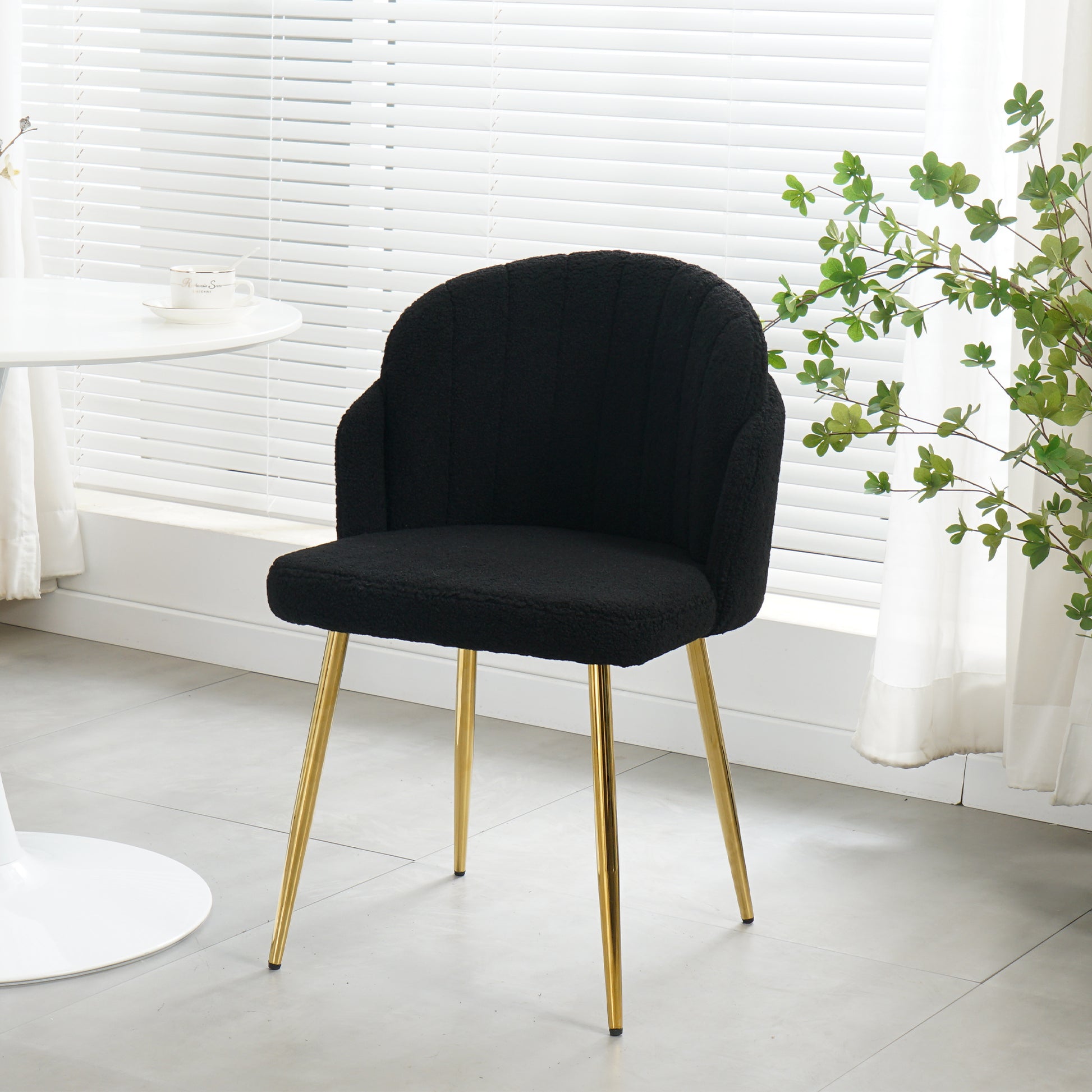 Modern Simple Black Teddy Fleece Dining Chair Fabric Upholstered Chairs Home Bedroom Stool Back Dressing Chair Gold Metal Legs Set Of 2 Black Foam Metal