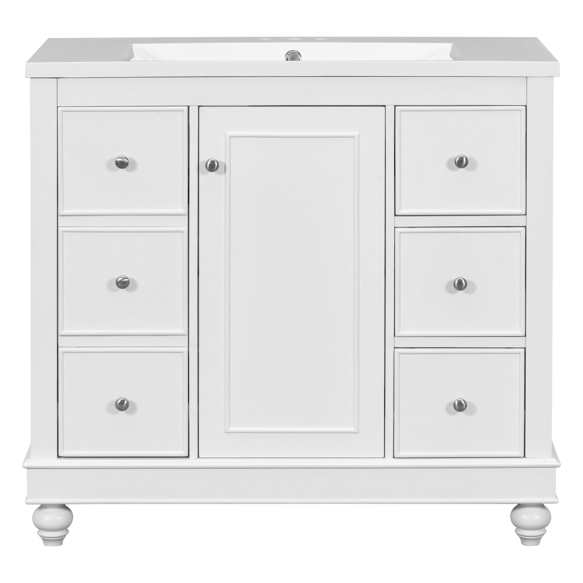 Contemporary White Bathroom Vanity Cabinet 36X18X34 Inches, 4 Drawers & 1 Cabinet Door, Multipurpose Storage, Resin Integrated Sink, Adjustable Shelves, Solid Wood Frame With Mdf White Modern Solid Wood Mdf Resin