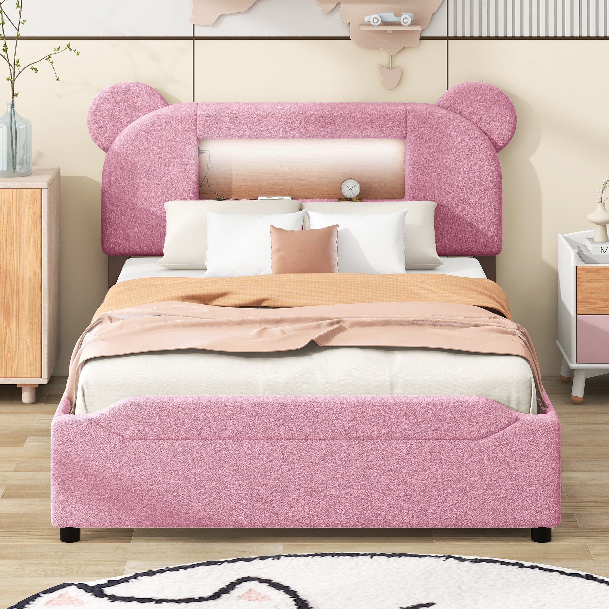 Full Size Upholstered Storage Platform Bed With Cartoon Ears Headboard, Led And Usb, Pink Box Spring Not Required Full Pink Wood Bedroom Bed Frame Upholstered