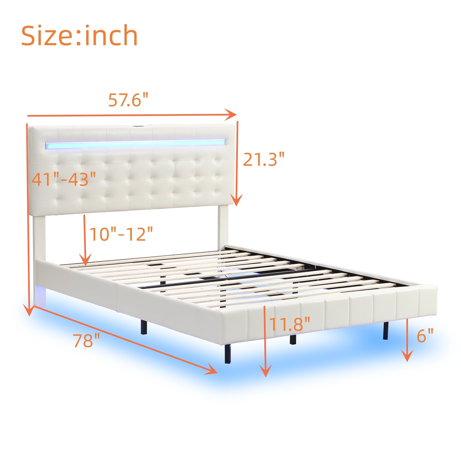 Full Size Floating Bed Frame With Led Lights And Usb Charging,Modern Upholstered Platform Led Bed Frame,White Full White Pu