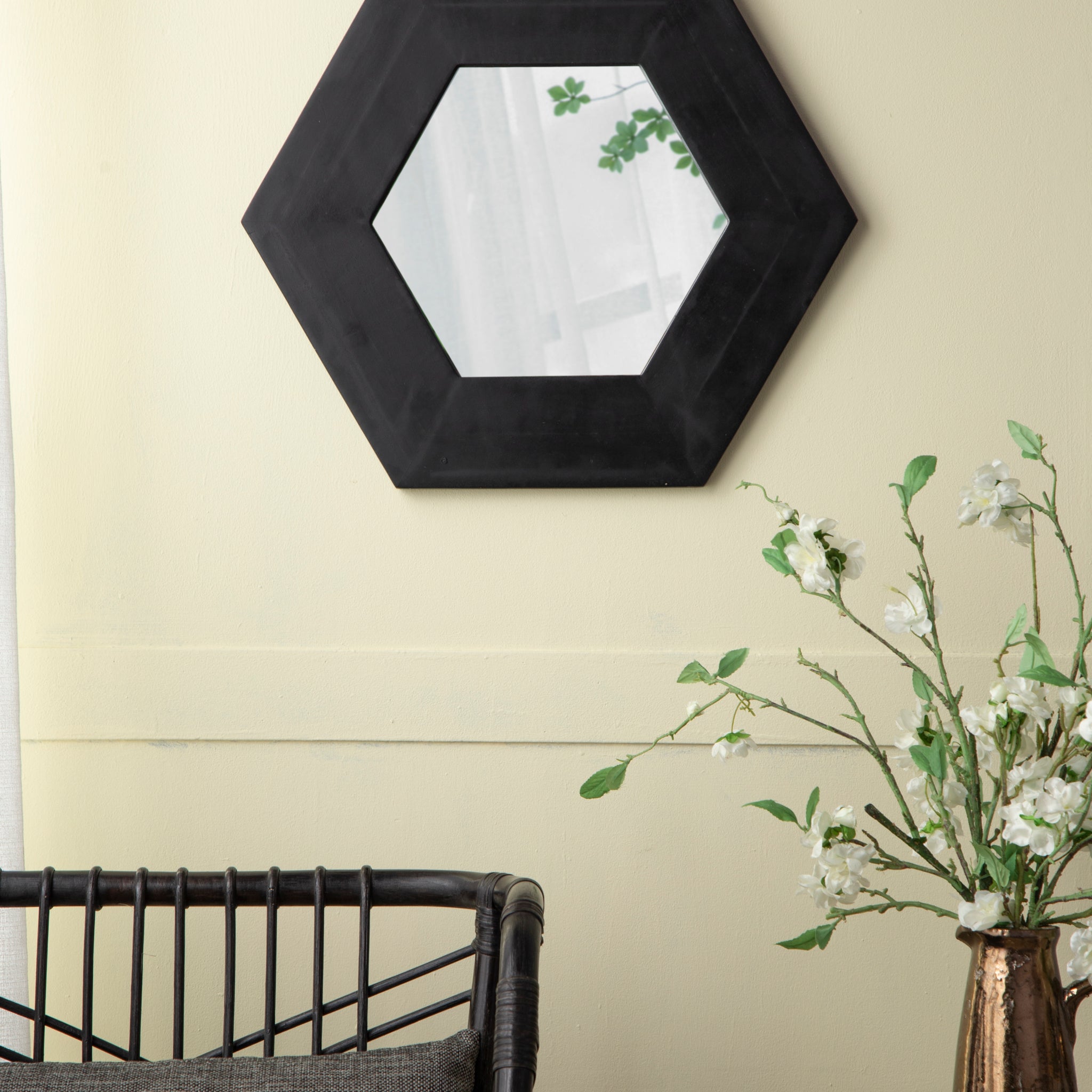 18.5" X 18.5" Hexagon Mirror With Solid Wood Frame, Wall Decor For Living Room Bathroom Hallway, Black Black Wood Glass