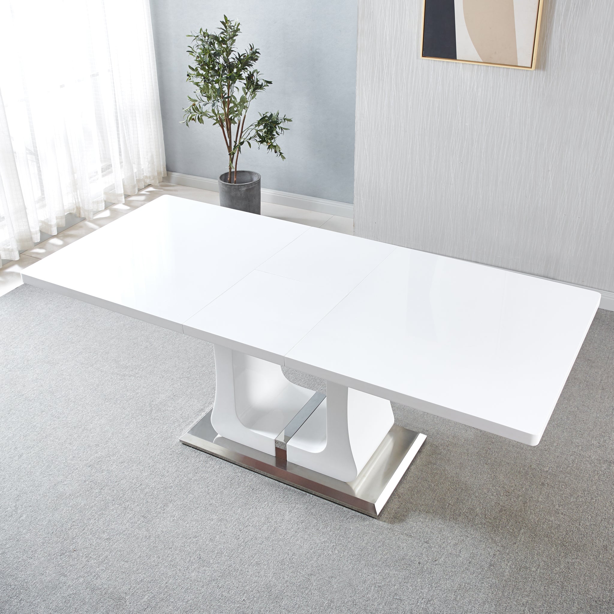 63" 78.7" Extendable Dining Table With Butterfly Leaf, High Gloss Lacquer Coating And Pedestal Base In White Chrome White Mdf