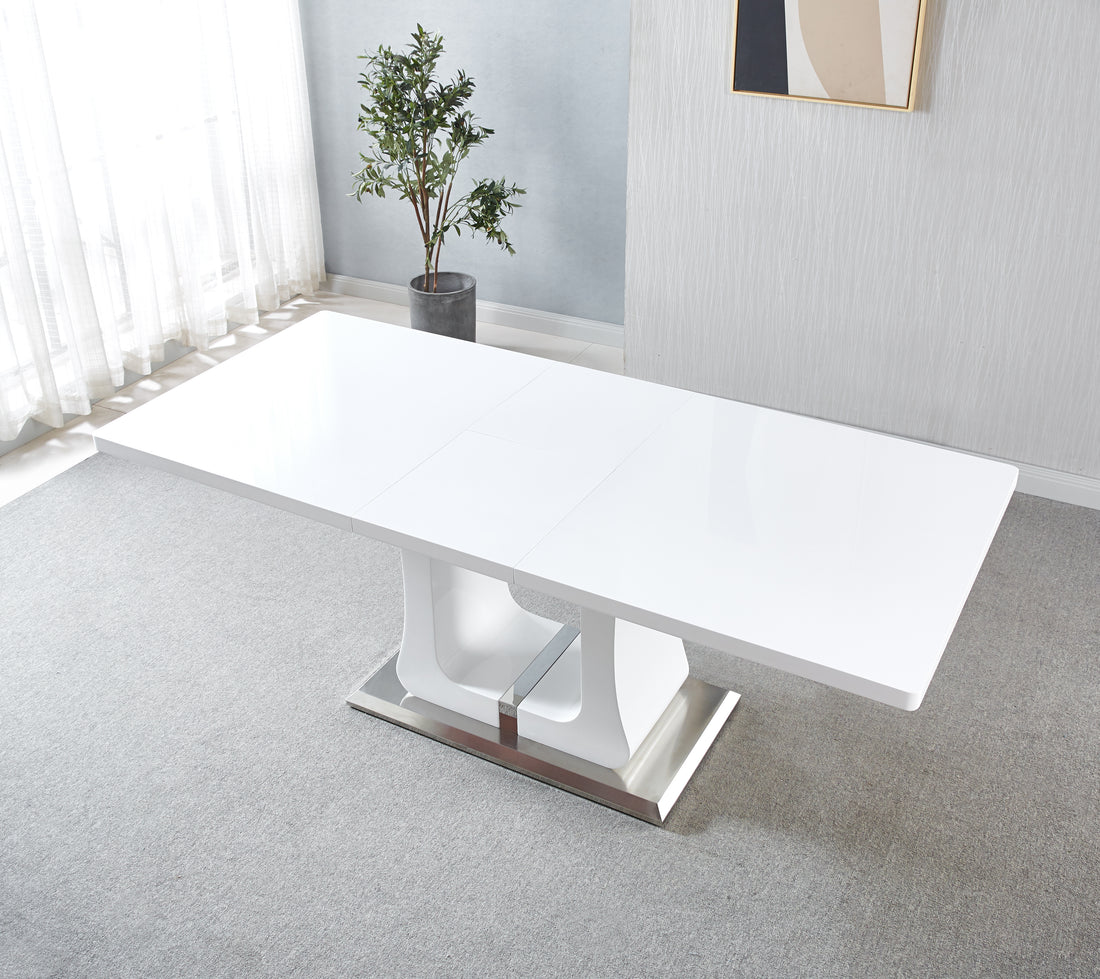 63" 78.7" Extendable Dining Table With Butterfly Leaf, High Gloss Lacquer Coating And Pedestal Base In White Chrome White Mdf