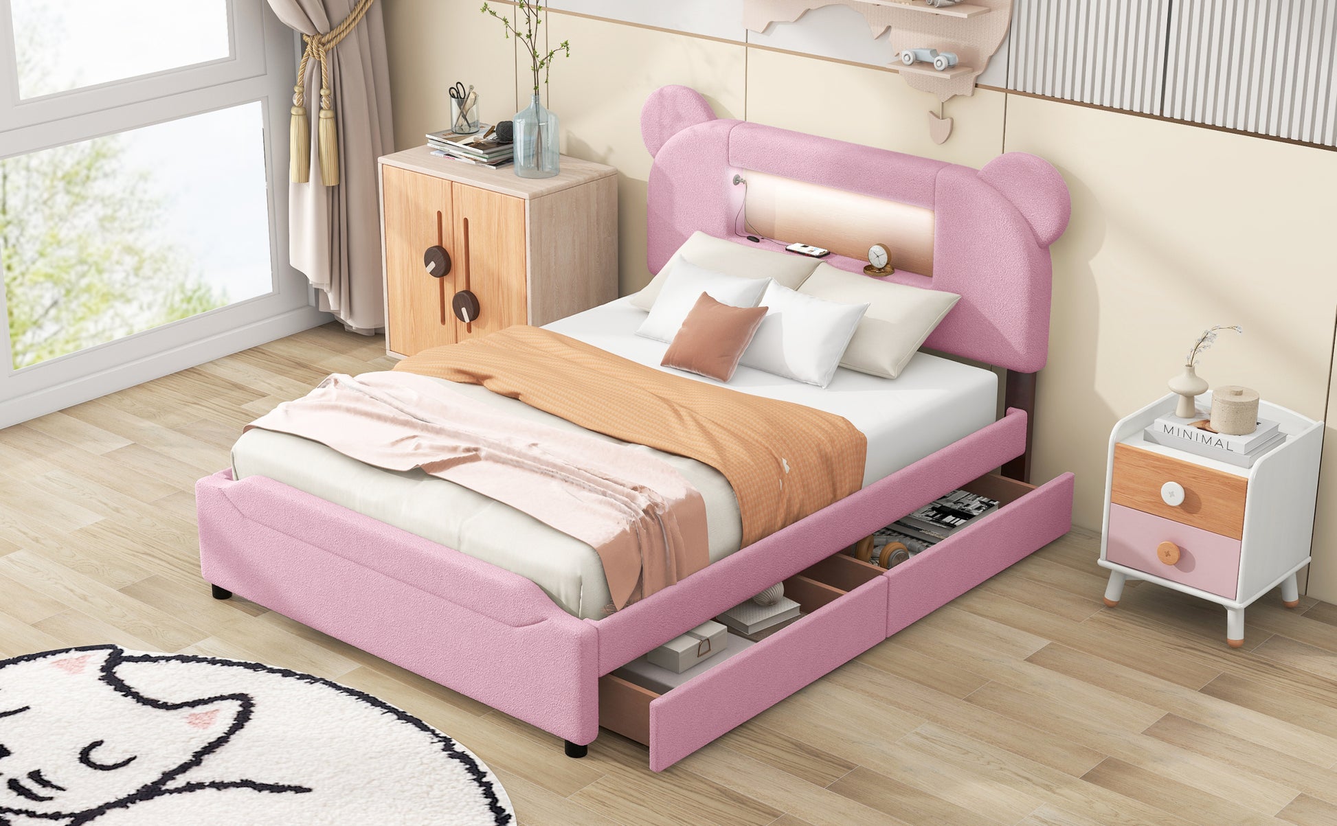 Full Size Upholstered Storage Platform Bed With Cartoon Ears Headboard, Led And Usb, Pink Box Spring Not Required Full Pink Wood Bedroom Bed Frame Upholstered