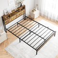 Queen Bed Frame With Storage Headboard, Metal Platform Bed With Charging Station, Bookcase Storage, No Box Spring Needed, Easy Assembly, Noise Free, Black Box Spring Not Required Queen Black Iron Brown Bedroom Bed Frame Metal & Wood