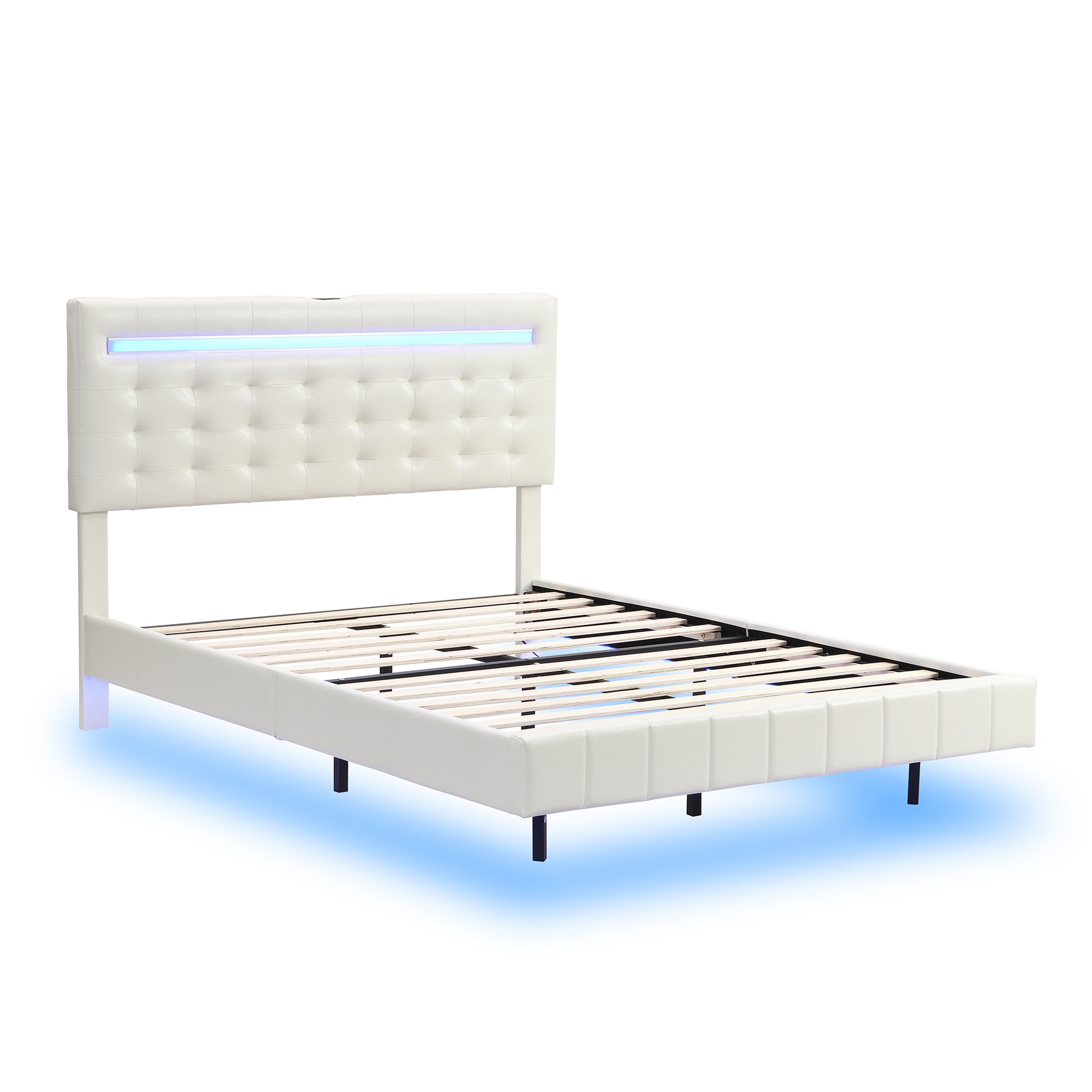 Full Size Floating Bed Frame With Led Lights And Usb Charging,Modern Upholstered Platform Led Bed Frame,White Full White Pu