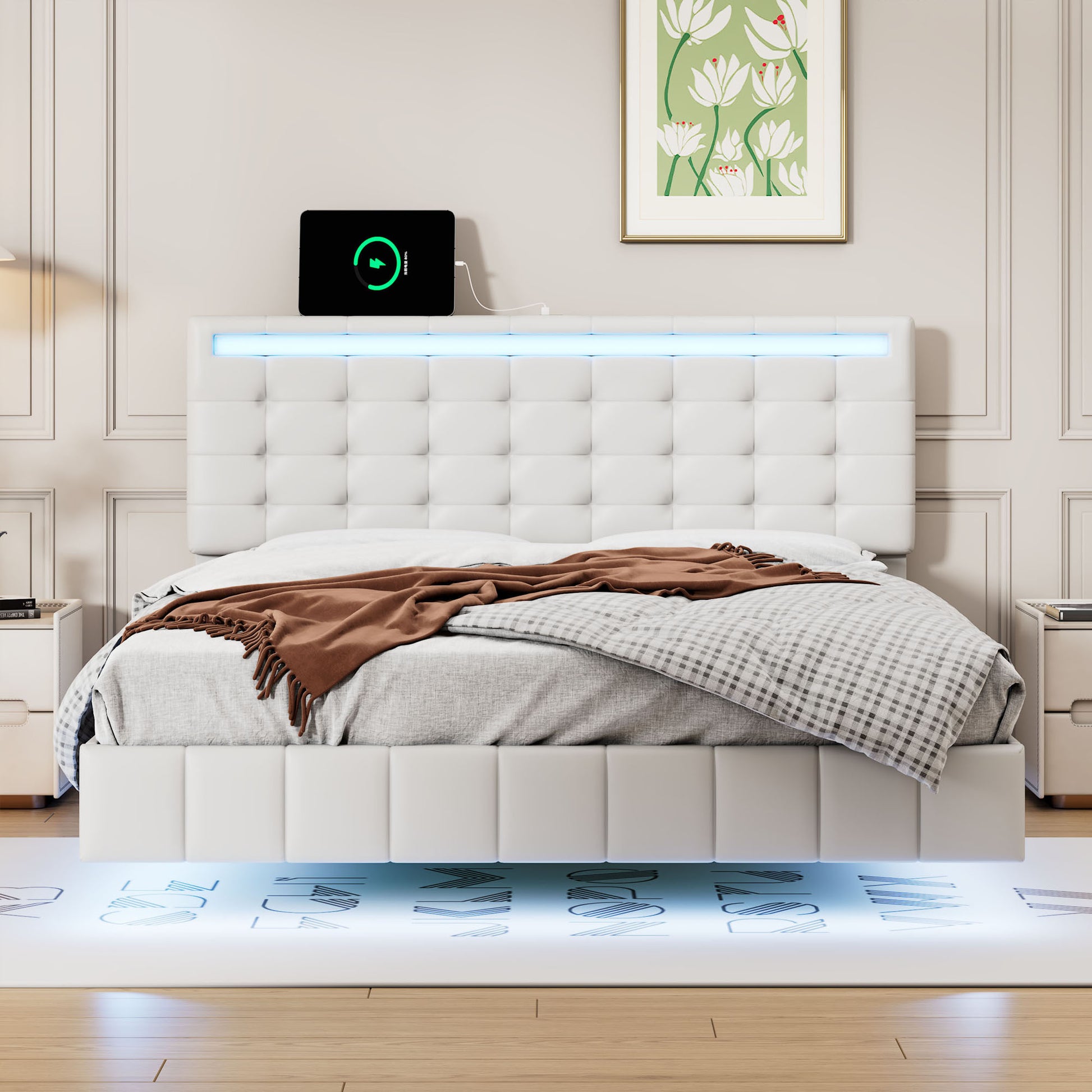 Full Size Floating Bed Frame With Led Lights And Usb Charging,Modern Upholstered Platform Led Bed Frame,White Full White Pu