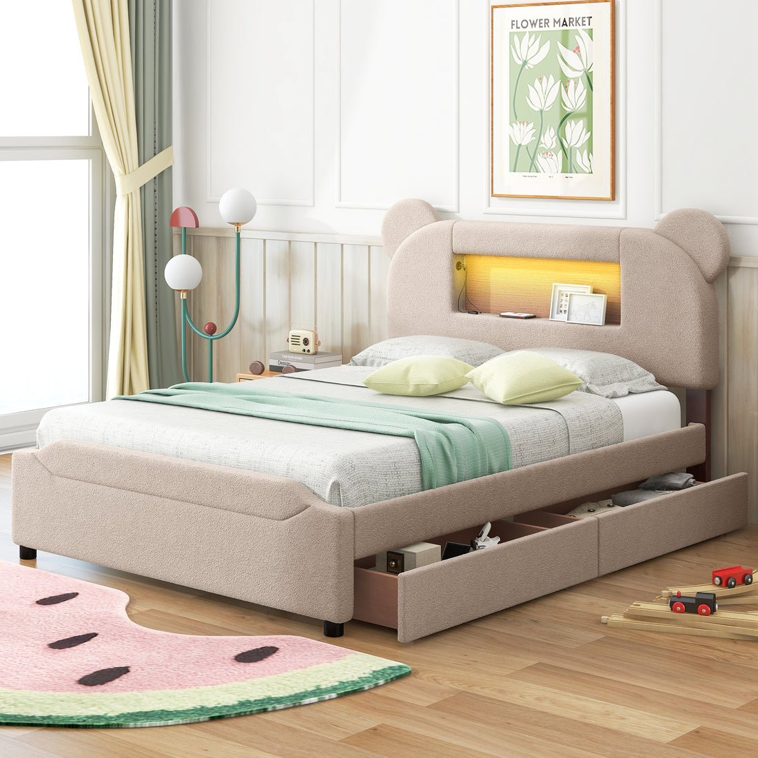 Full Size Upholstered Storage Platform Bed With Cartoon Ears Shaped Headboard, Led And Usb, Beige Box Spring Not Required Full Beige Wood Bedroom Bed Frame Upholstered