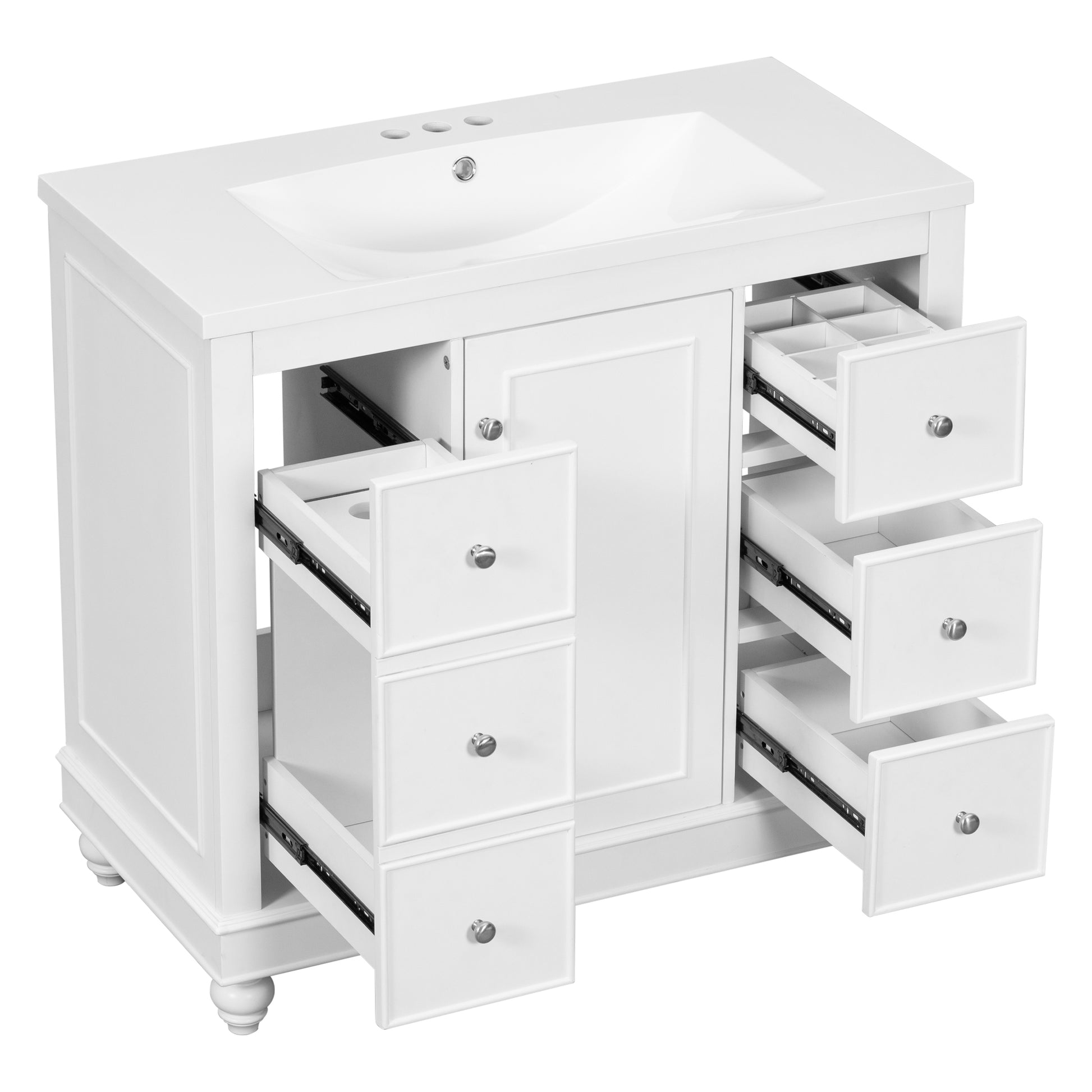 Contemporary White Bathroom Vanity Cabinet 36X18X34 Inches, 4 Drawers & 1 Cabinet Door, Multipurpose Storage, Resin Integrated Sink, Adjustable Shelves, Solid Wood Frame With Mdf White Modern Solid Wood Mdf Resin