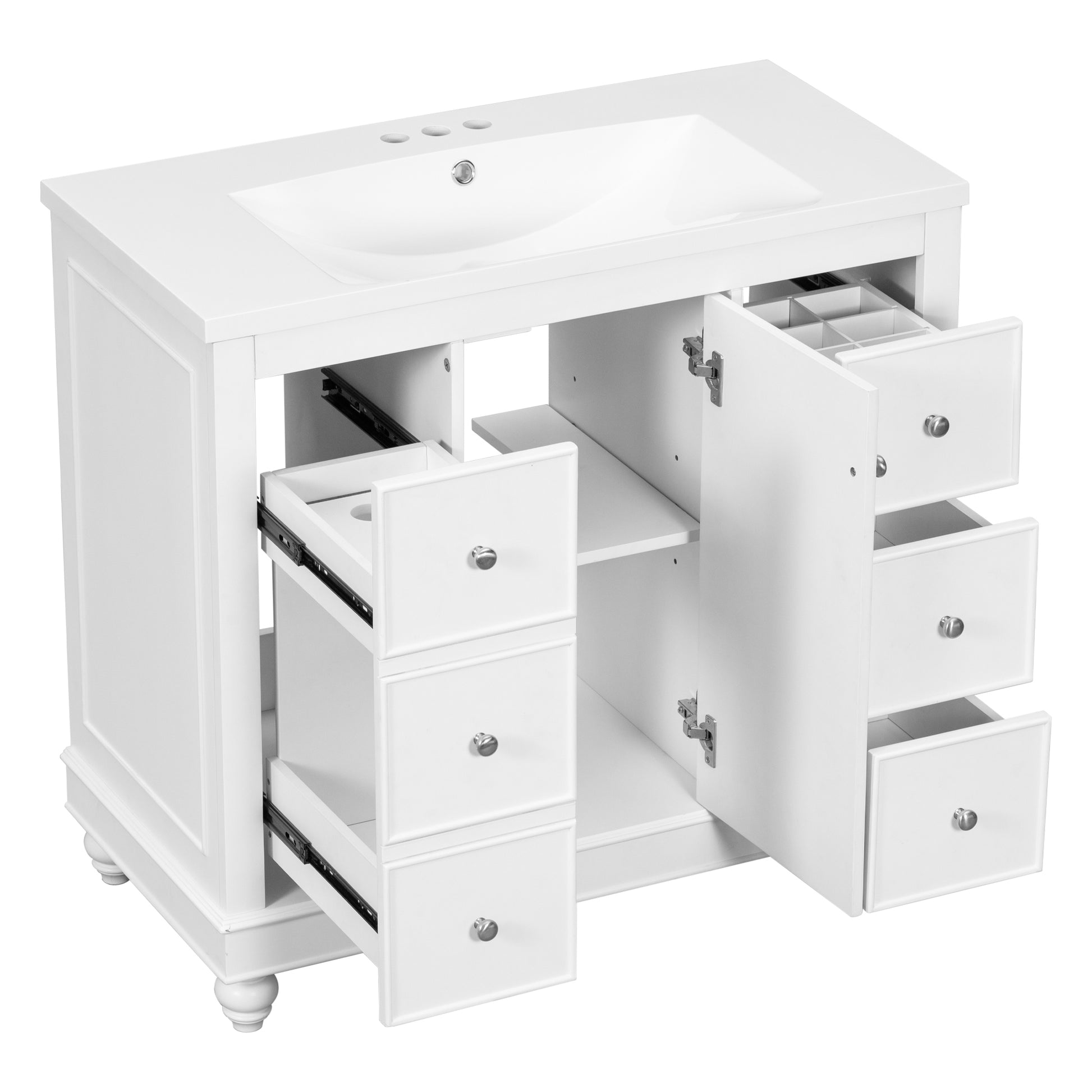 Contemporary White Bathroom Vanity Cabinet 36X18X34 Inches, 4 Drawers & 1 Cabinet Door, Multipurpose Storage, Resin Integrated Sink, Adjustable Shelves, Solid Wood Frame With Mdf White Modern Solid Wood Mdf Resin