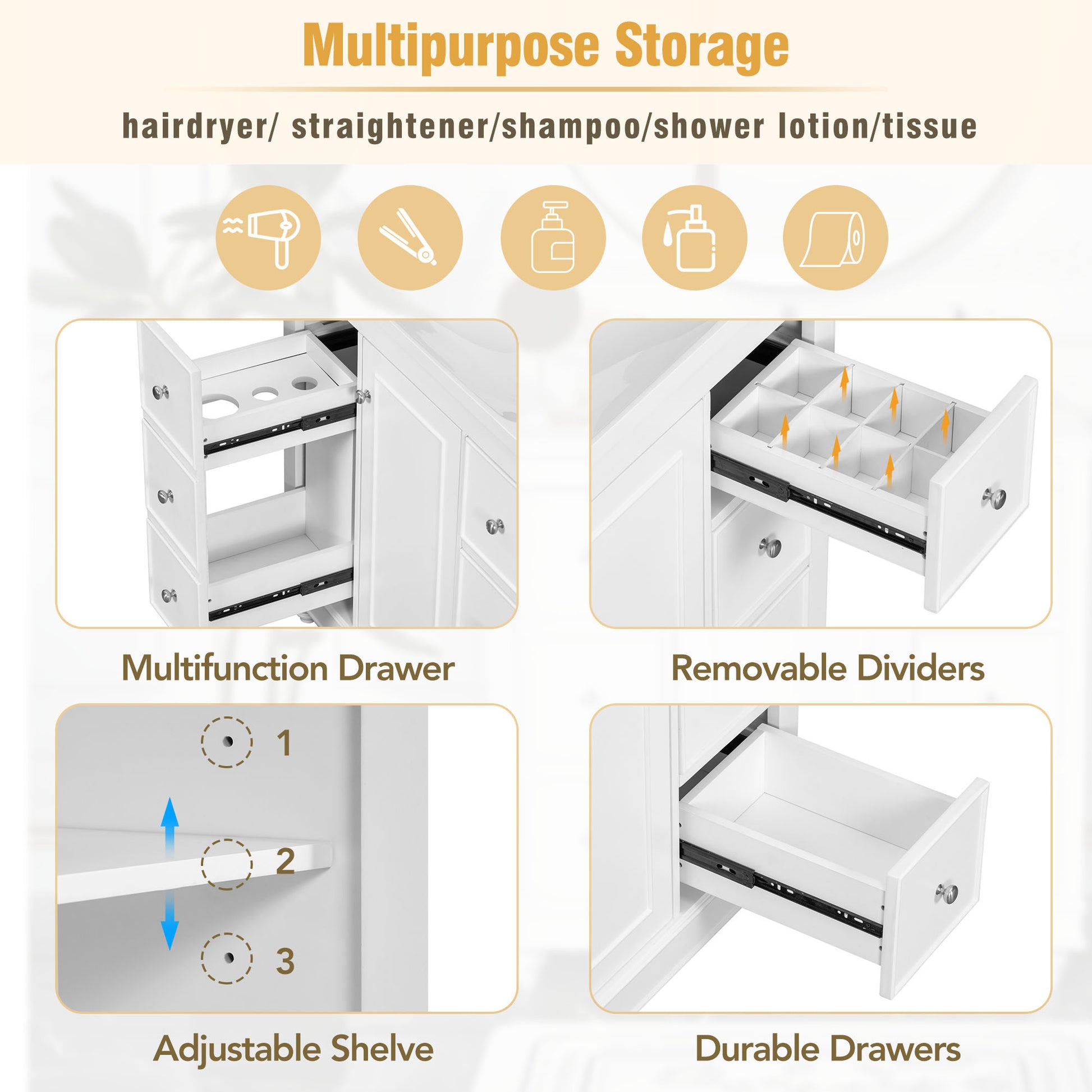 Contemporary White Bathroom Vanity Cabinet 36X18X34 Inches, 4 Drawers & 1 Cabinet Door, Multipurpose Storage, Resin Integrated Sink, Adjustable Shelves, Solid Wood Frame With Mdf White Modern Solid Wood Mdf Resin