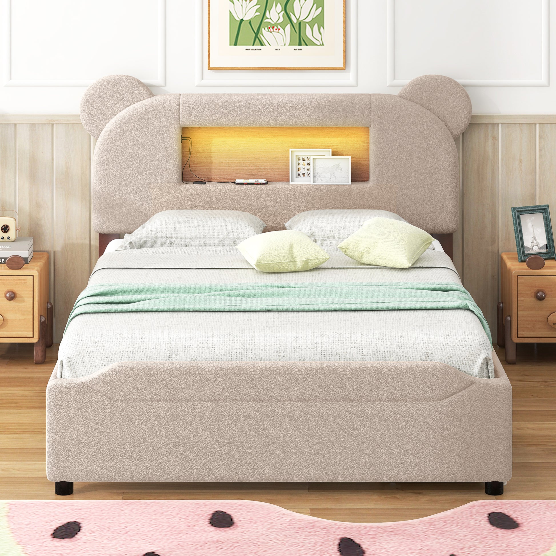 Full Size Upholstered Storage Platform Bed With Cartoon Ears Shaped Headboard, Led And Usb, Beige Box Spring Not Required Full Beige Wood Bedroom Bed Frame Upholstered