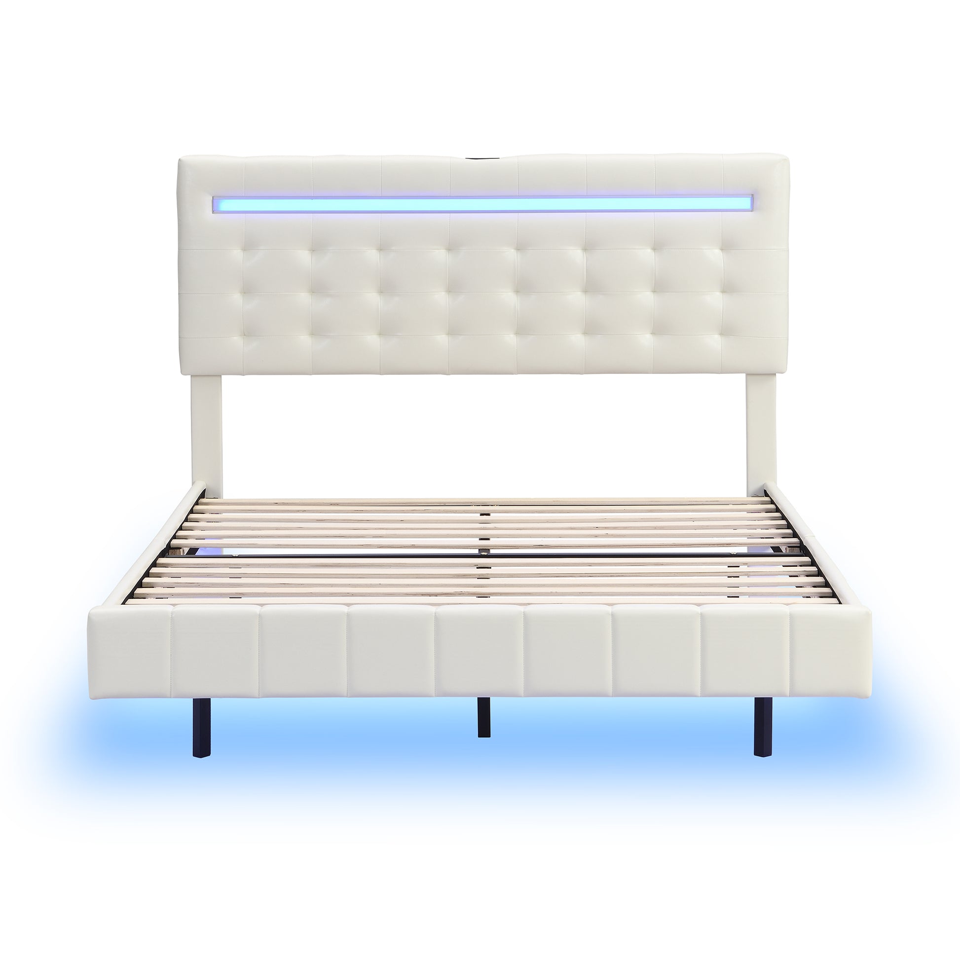 Full Size Floating Bed Frame With Led Lights And Usb Charging,Modern Upholstered Platform Led Bed Frame,White Full White Pu