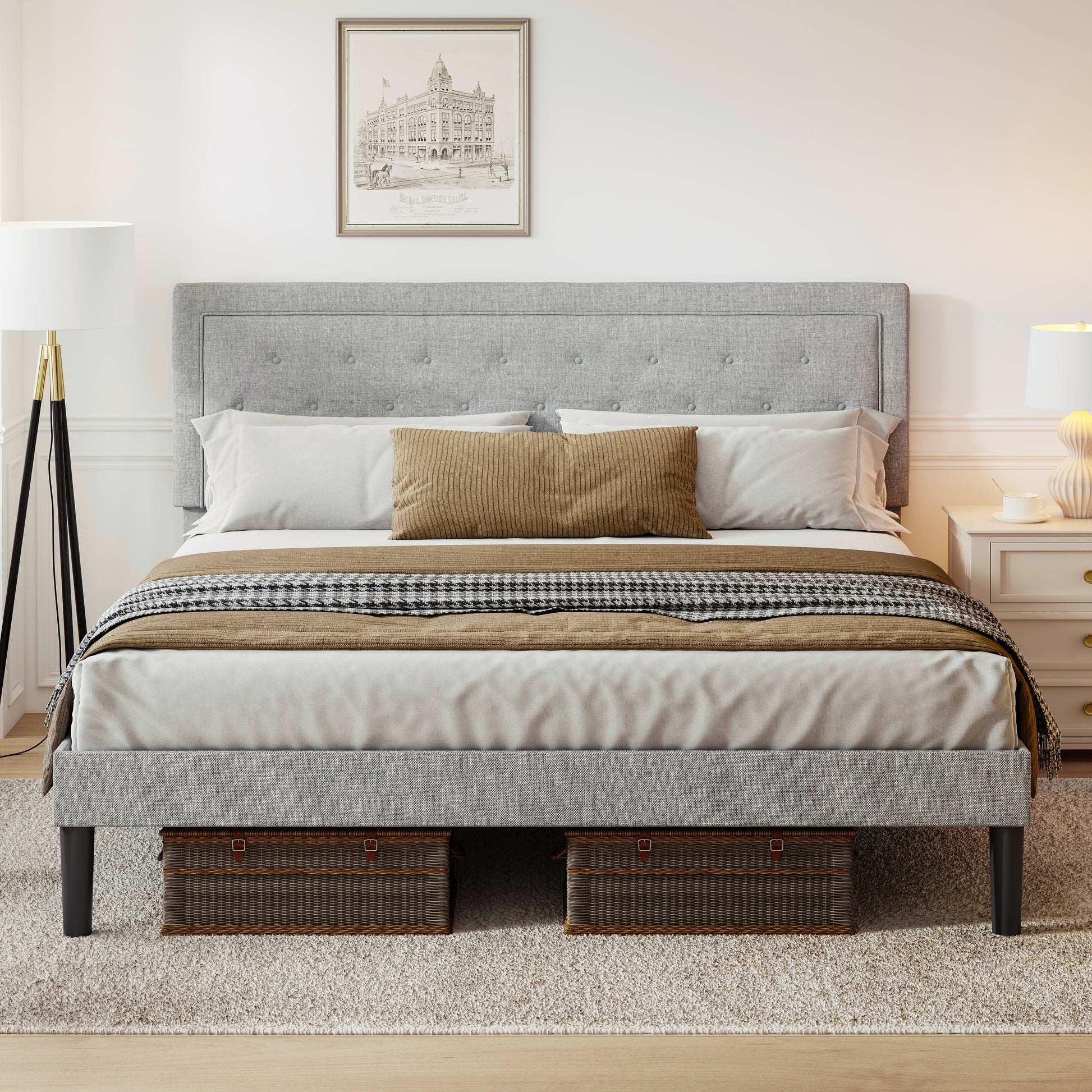 Light Grey Bed Frame With Adjustable Border Headboard Queen Size Box Spring Not Required Queen Light Grey Iron Light Brown Bedroom Modern Bed Frame Polyester Iron